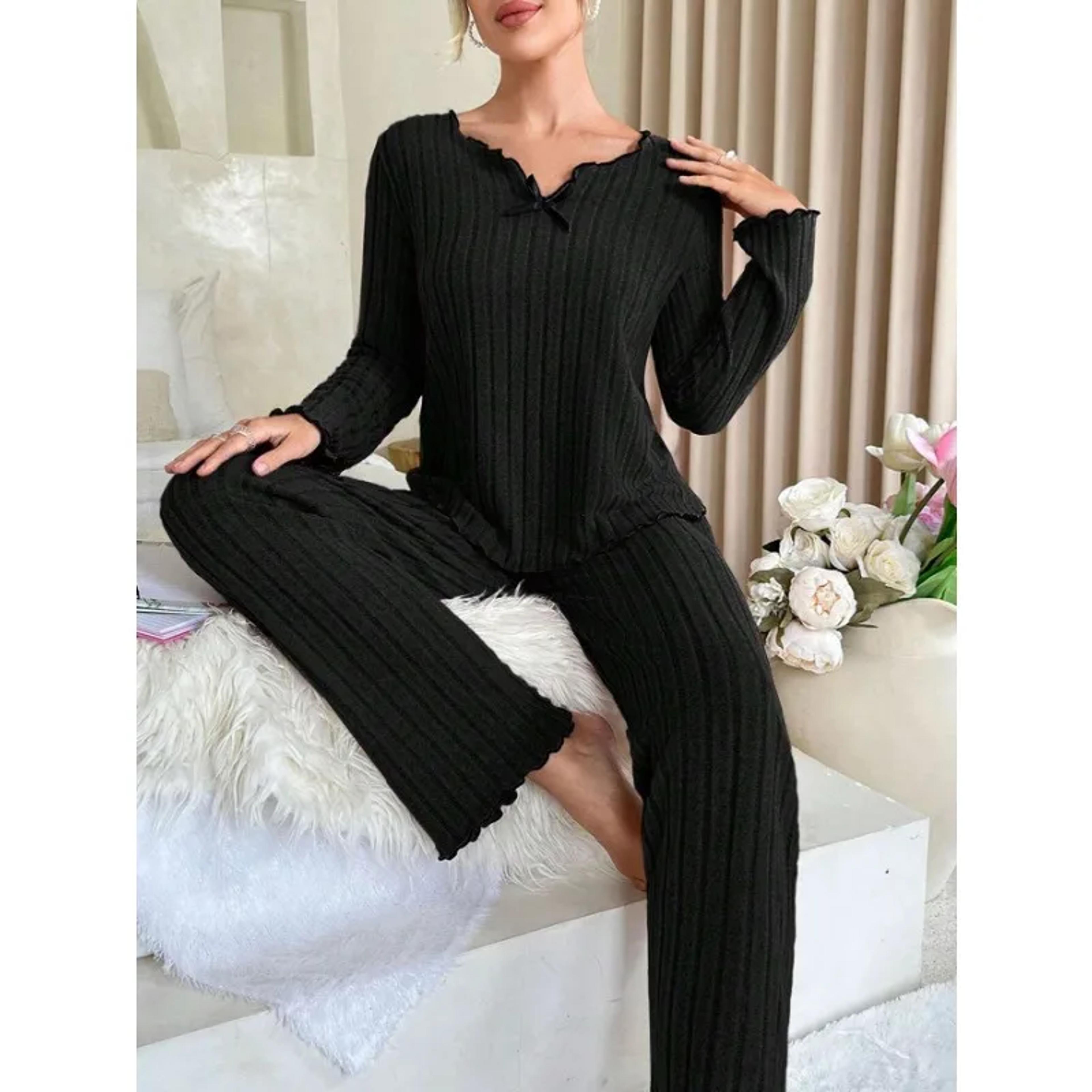 Ribbed Pajamas Set For Women Long Sleeve Top Long Pants 2 Piece Set Autumn Winter Sleepwear 5