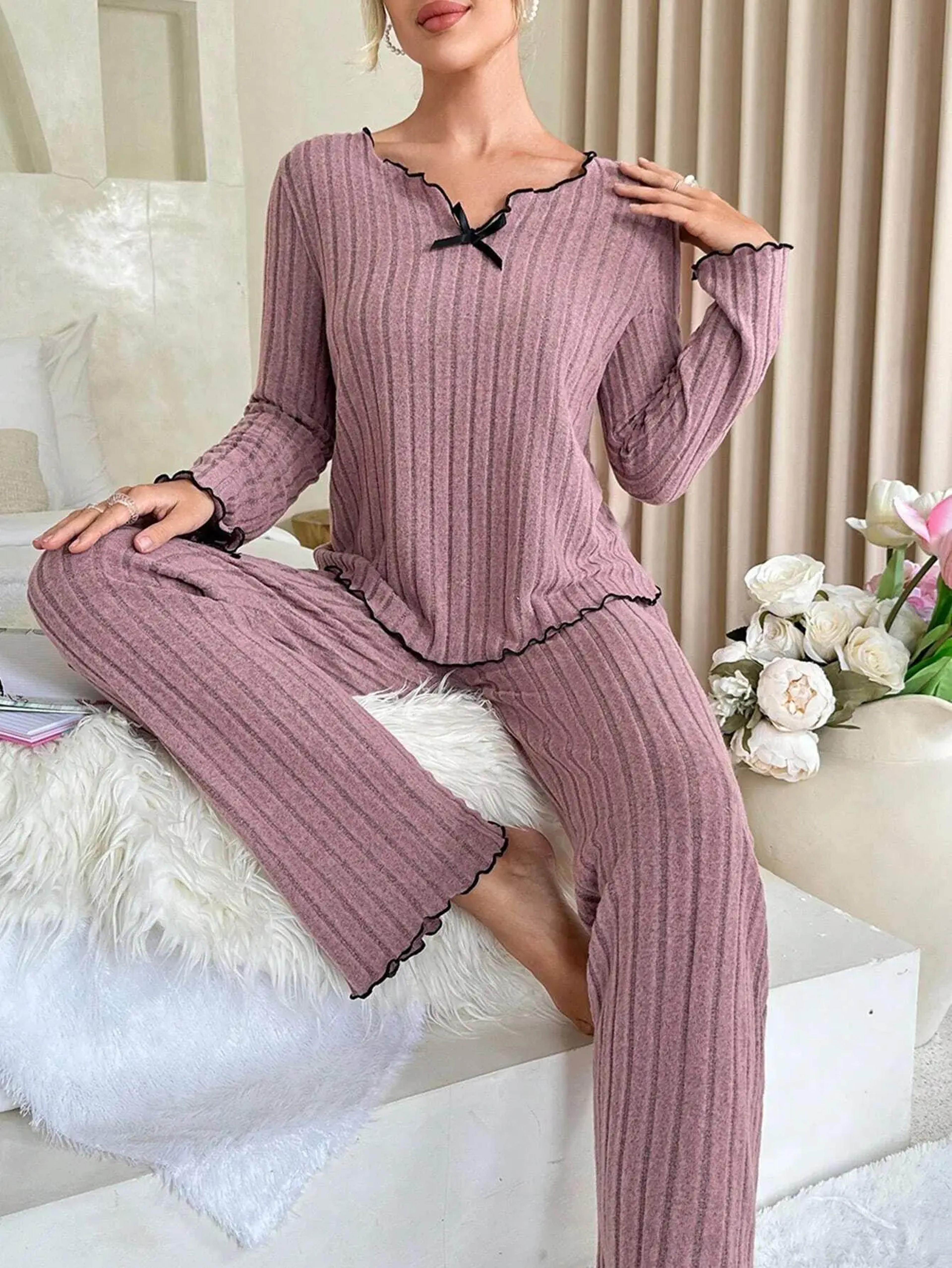 Ribbed Pajamas Set For Women Long Sleeve Top Long Pants 2 Piece Set Autumn Winter Sleepwear 4