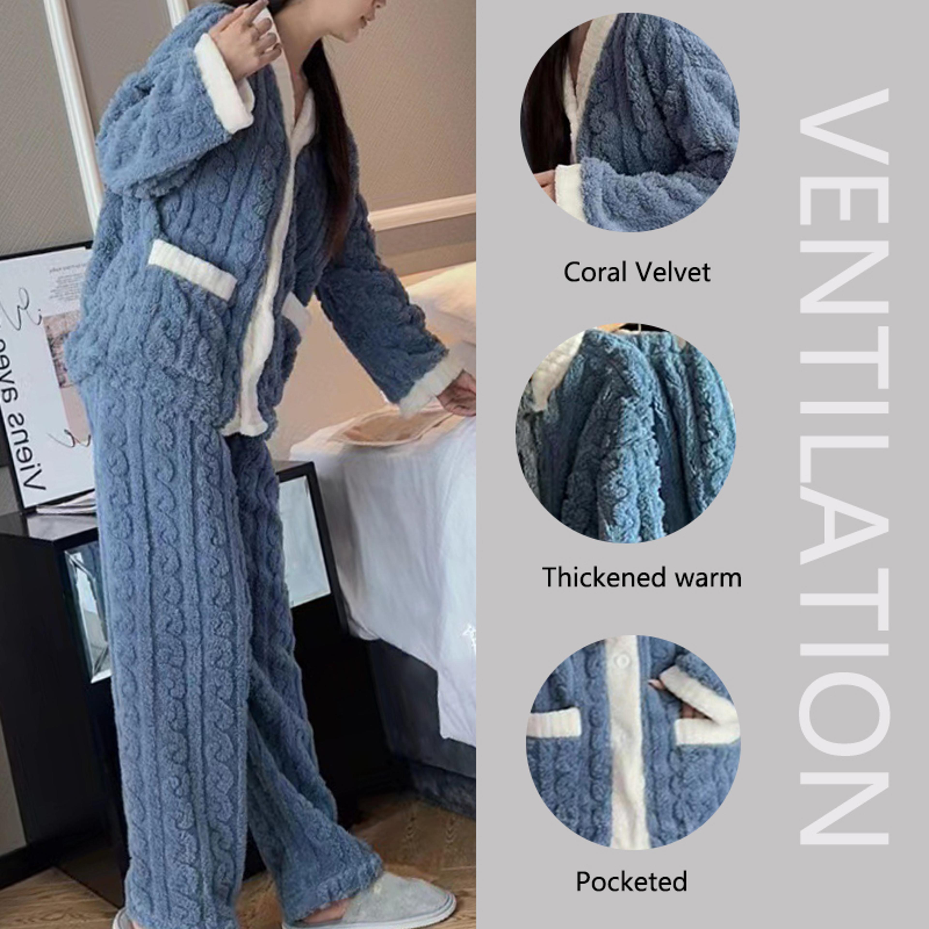 Autumn And Winter Pajamas Women Thickened Padded Warm Coral Velvet Suit Cozy Cardigan And Trousers  1
