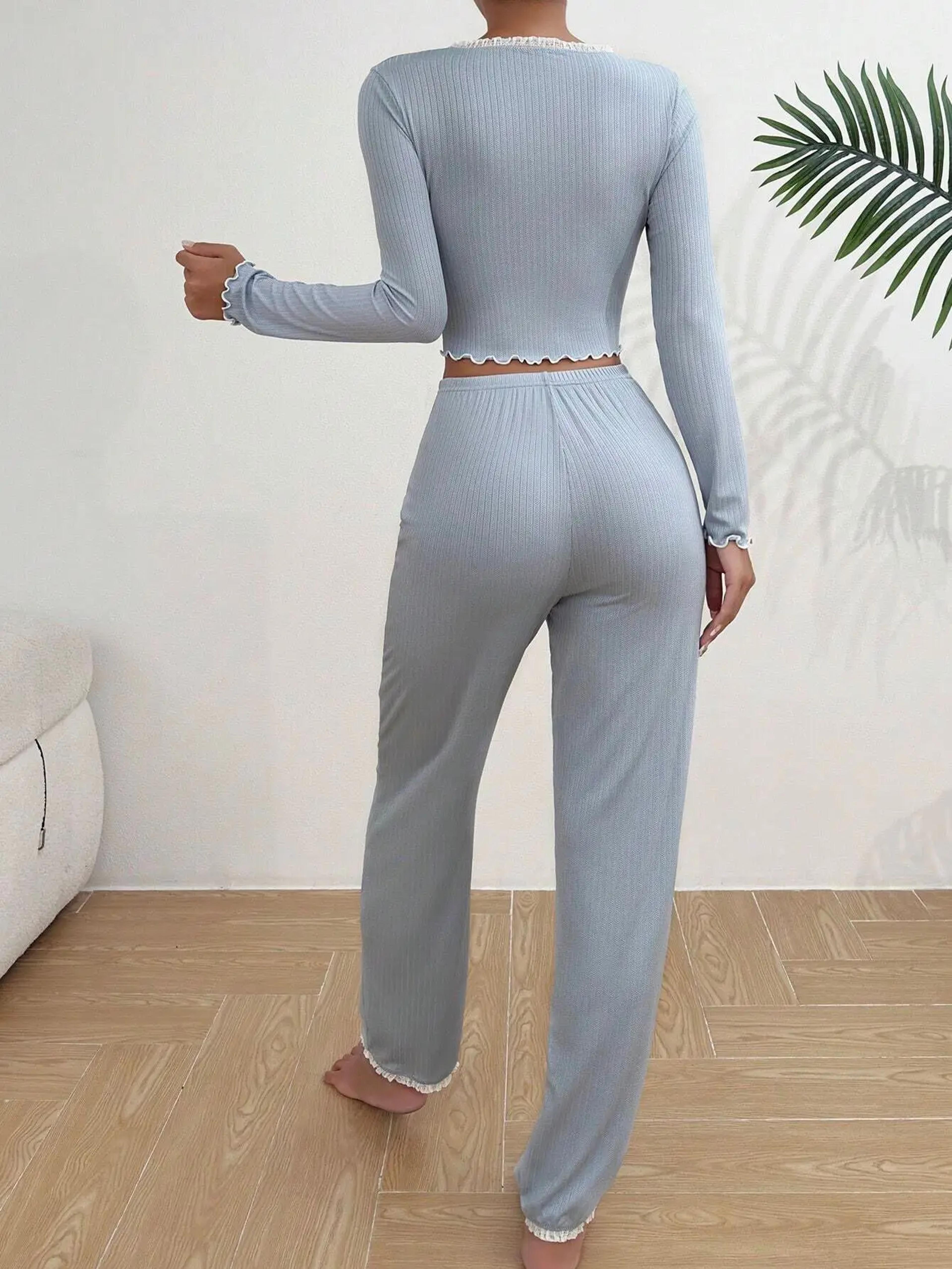 Sexy Lace Pijamas Sleepwear Set Autumn Winter Homewear Pajamas For Women Long Sleeves Shirt 1