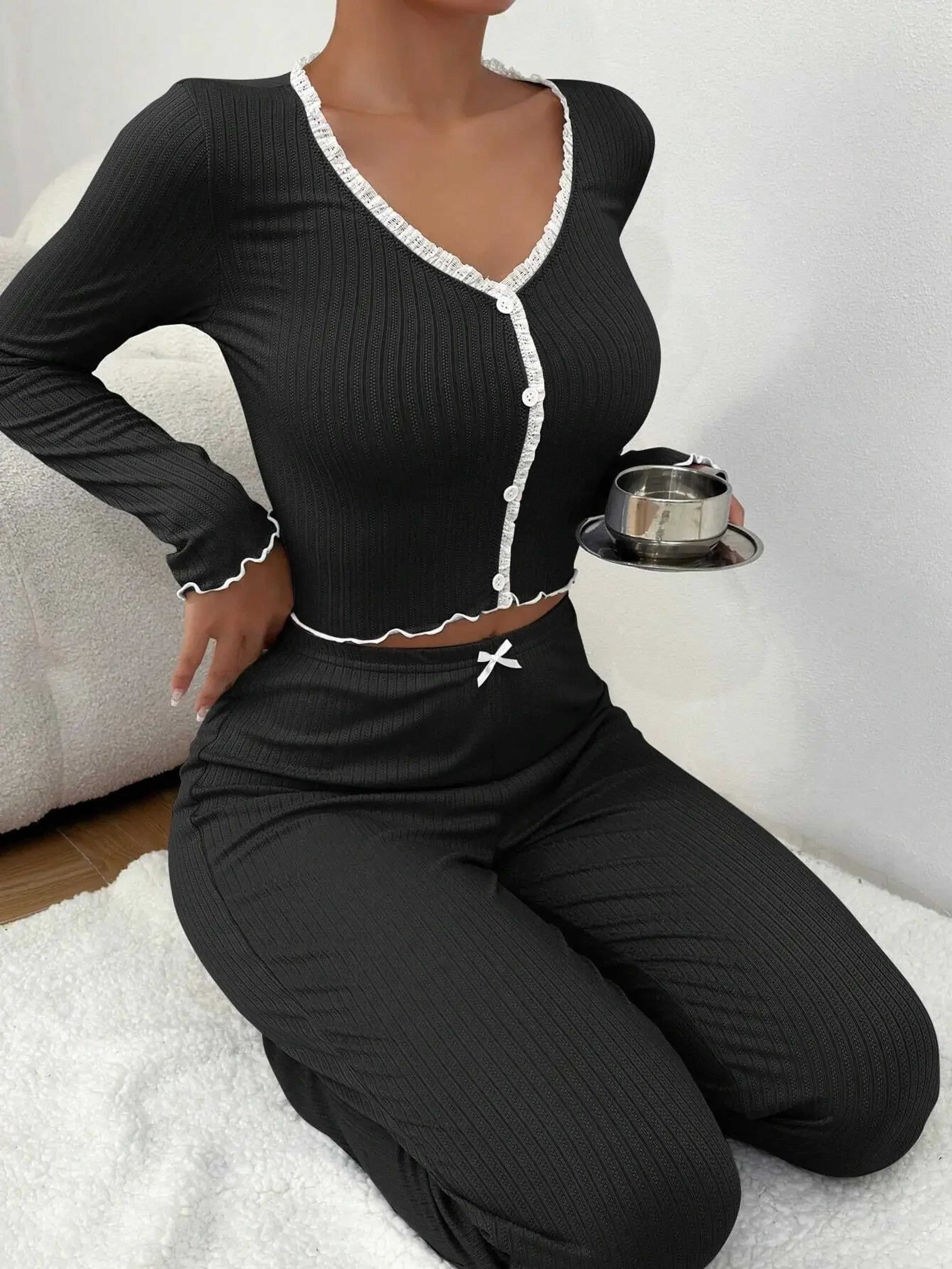 Sexy Lace Pijamas Sleepwear Set Autumn Winter Homewear Pajamas For Women Long Sleeves Shirt 6