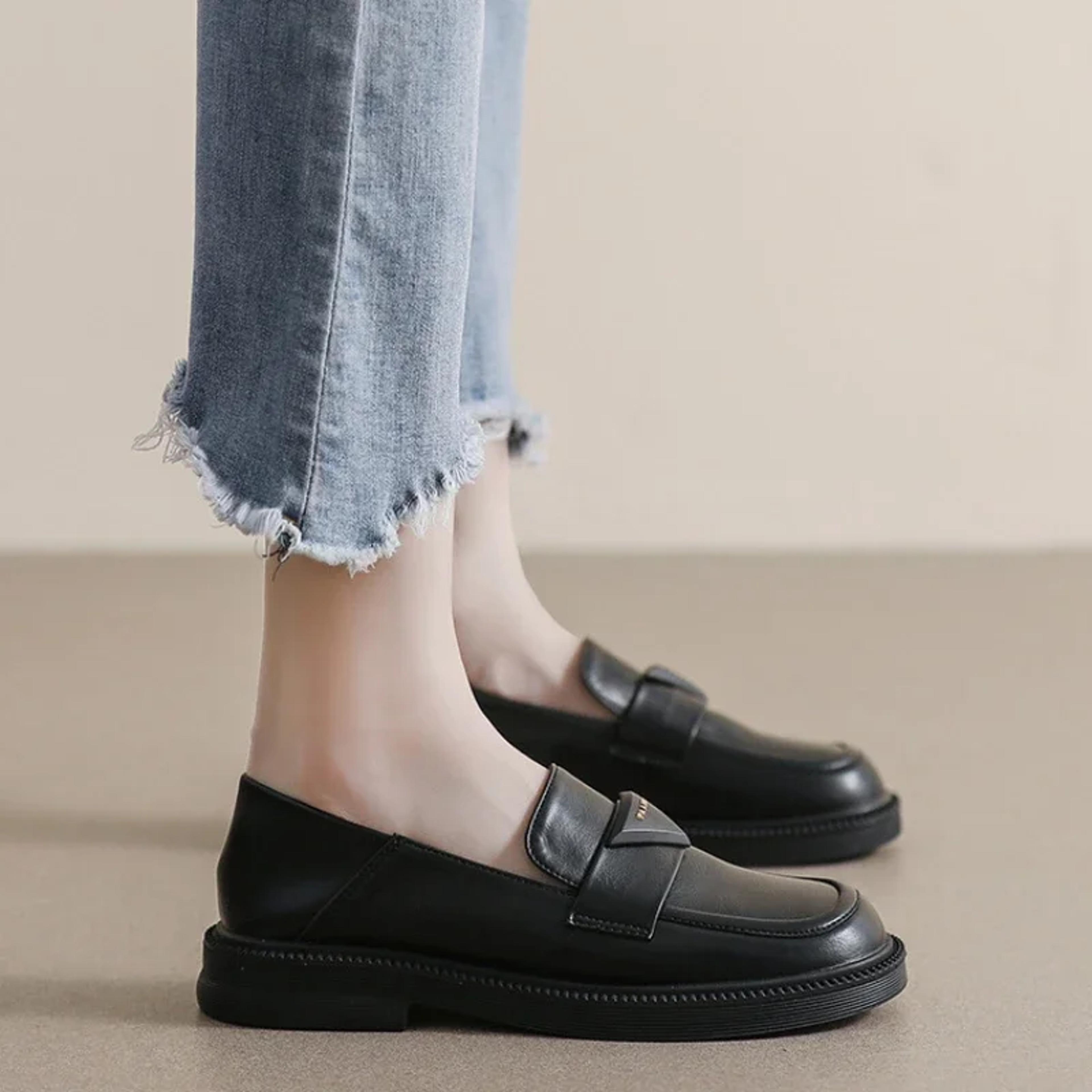 Black Womens Leather Loafers Mid Heel British Style Casual Shoes For Spring Office  Banquet Wear Fa 1