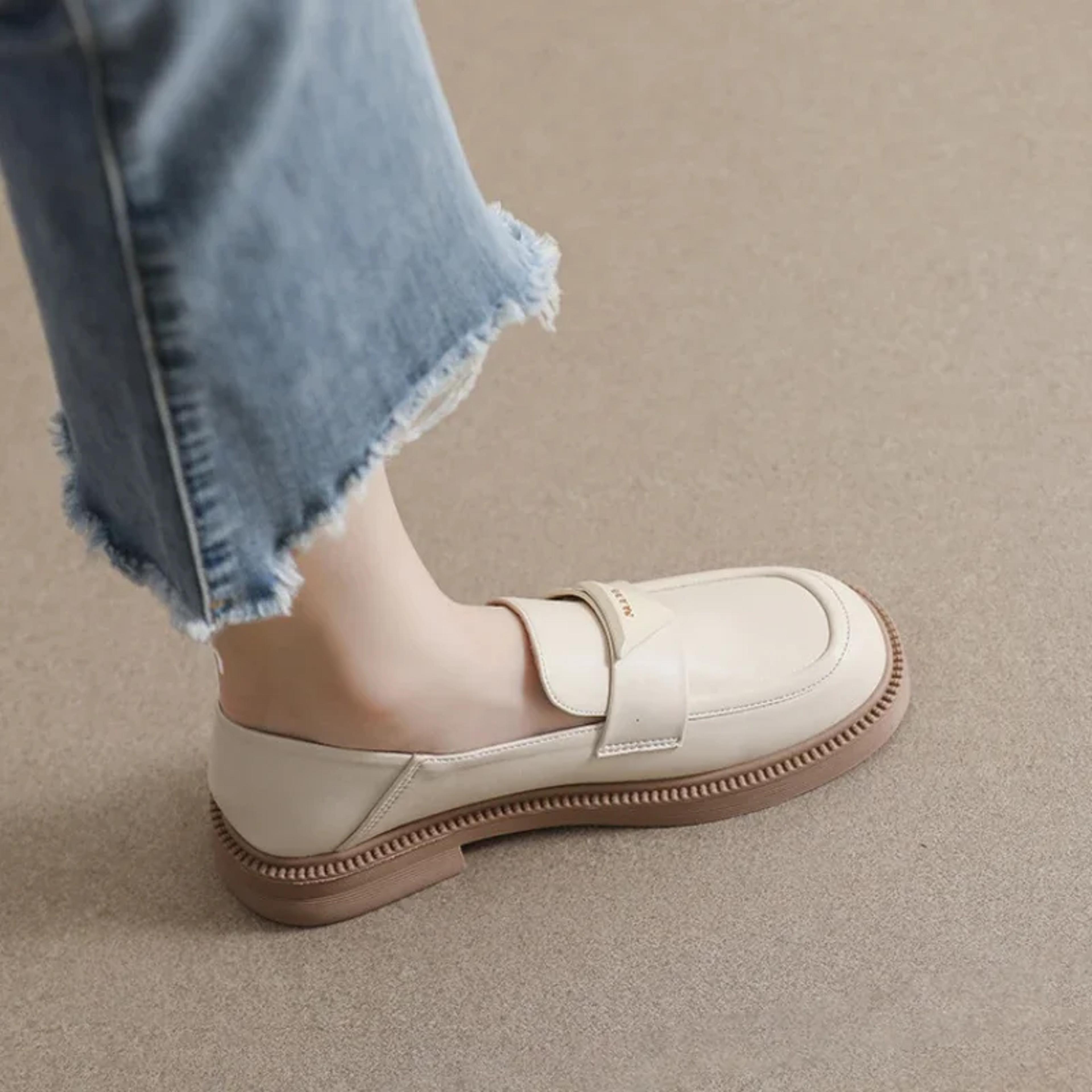 Black Womens Leather Loafers Mid Heel British Style Casual Shoes For Spring Office  Banquet Wear Fa 7