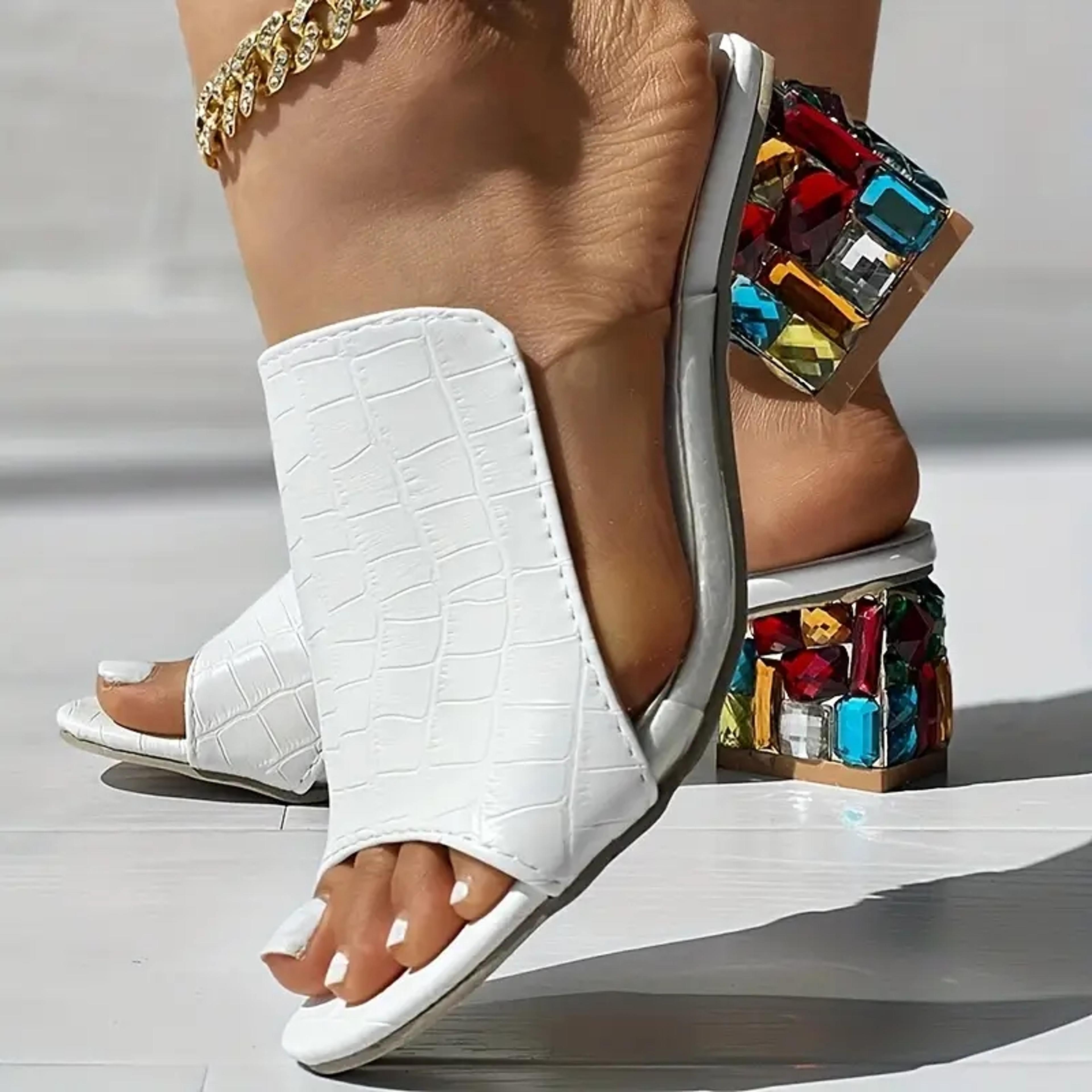 spring summer open toe sandals, women crystal sandals, square heels beach fashion sandals