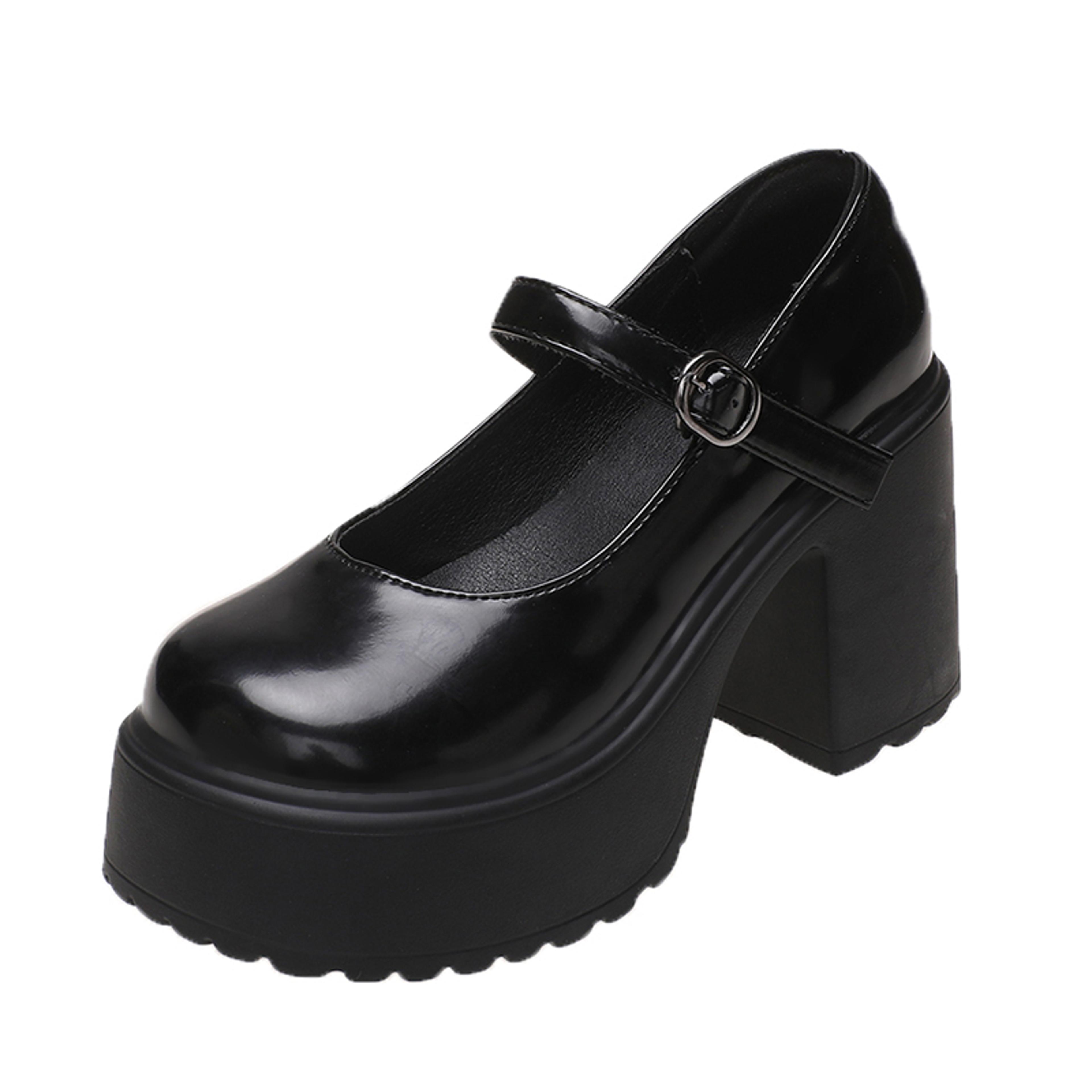 Womens Chunky Platform High Heels Autumn PU Leather Ankle Buckle Mary Jane Pumps Thick Heeled White 2