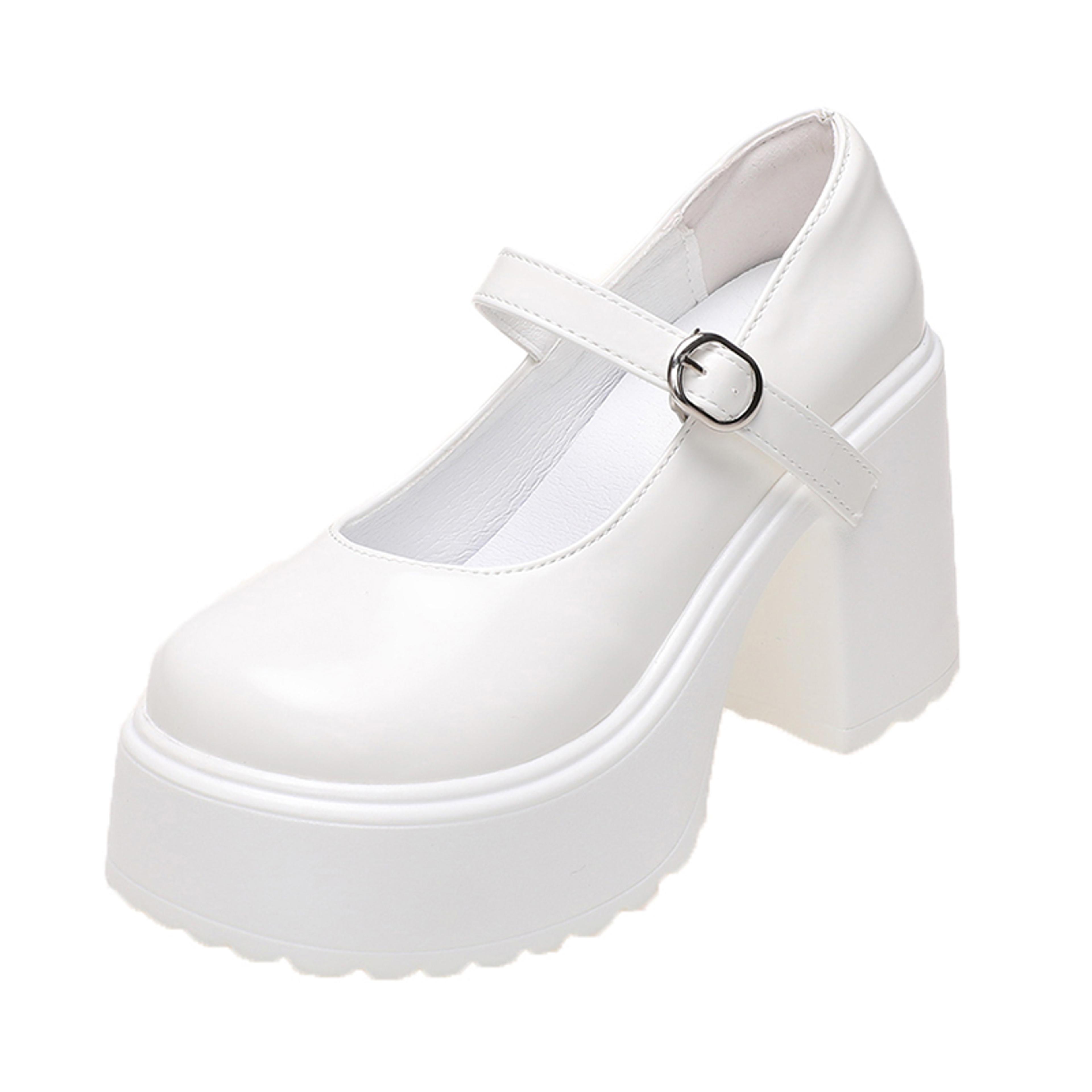 Womens Chunky Platform High Heels Autumn PU Leather Ankle Buckle Mary Jane Pumps Thick Heeled White 1