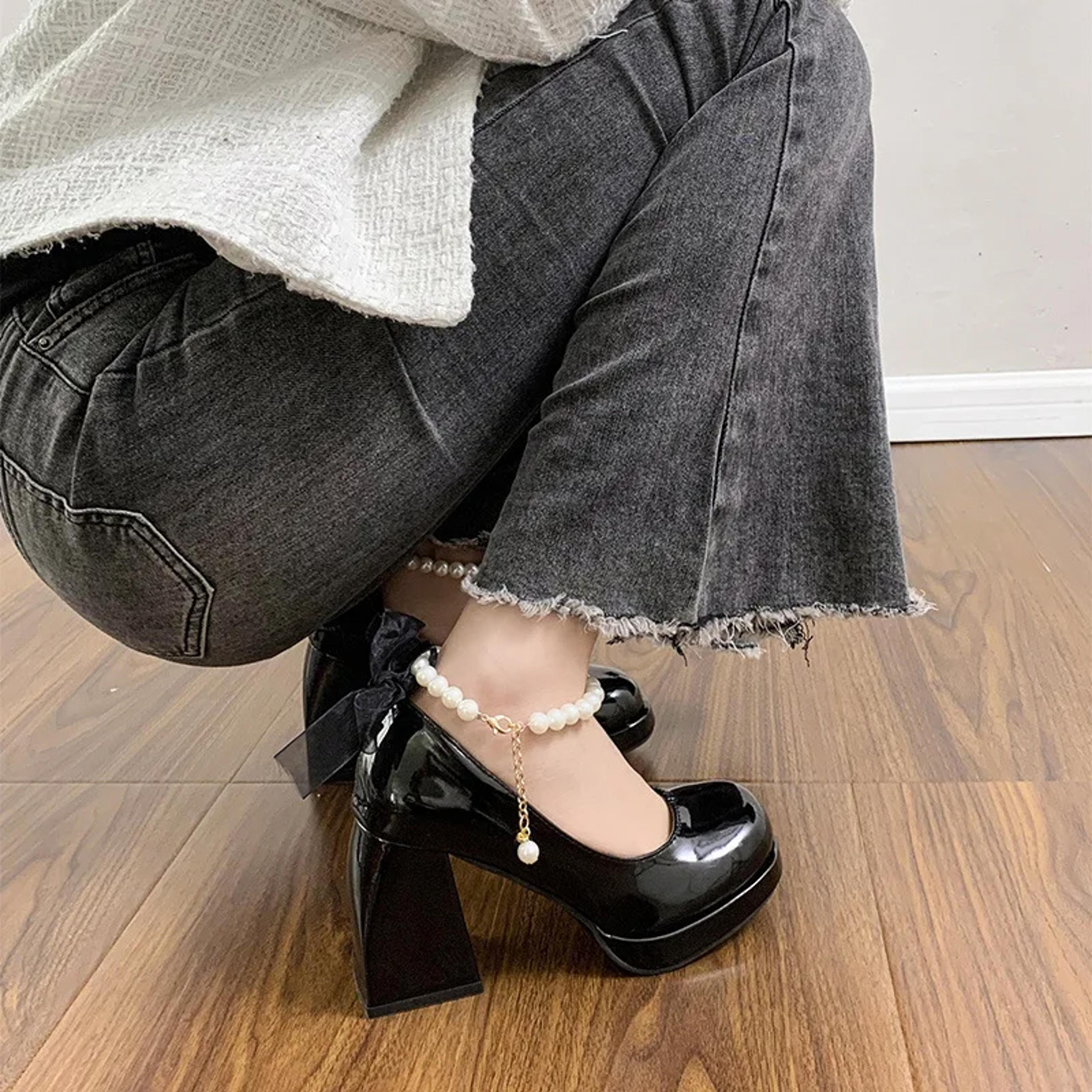 Elegant Bow Square Toe Women Mary Jane Shoes Luxury Women High Heels Pearl Lace Party Wedding Style 3