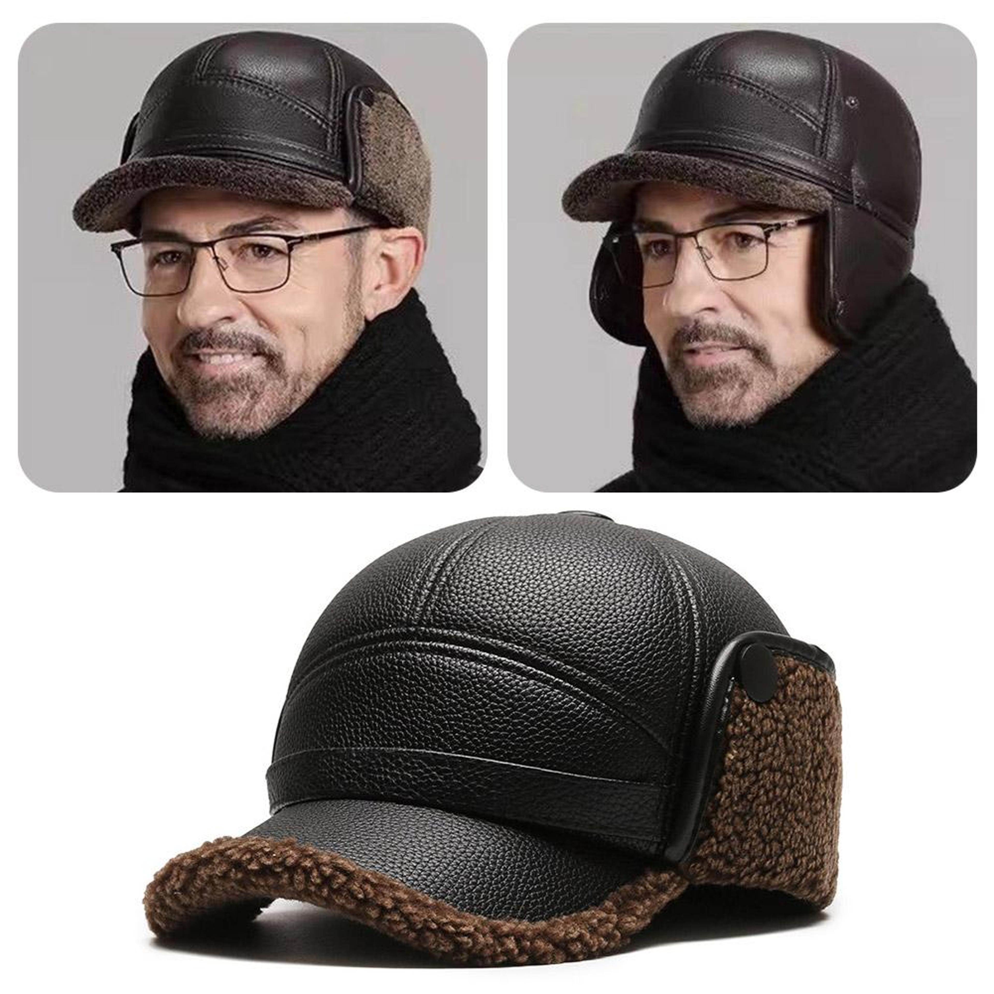 Winter Baseball Cap Men PU Leather Bomber Caps Warm Thicker Dad Hat With Earflaps Windproof Tongue  4