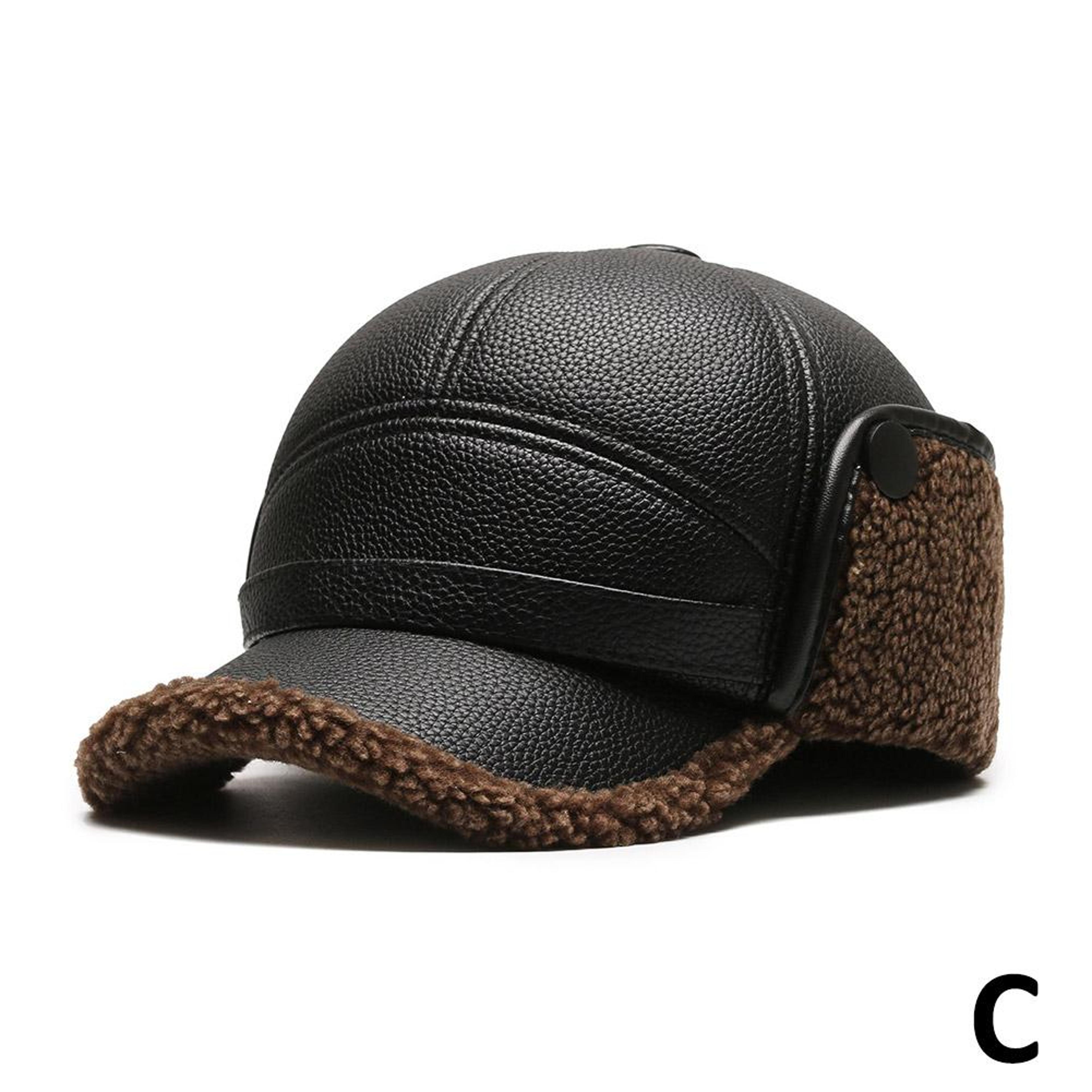 Winter Baseball Cap Men PU Leather Bomber Caps Warm Thicker Dad Hat With Earflaps Windproof Tongue  3