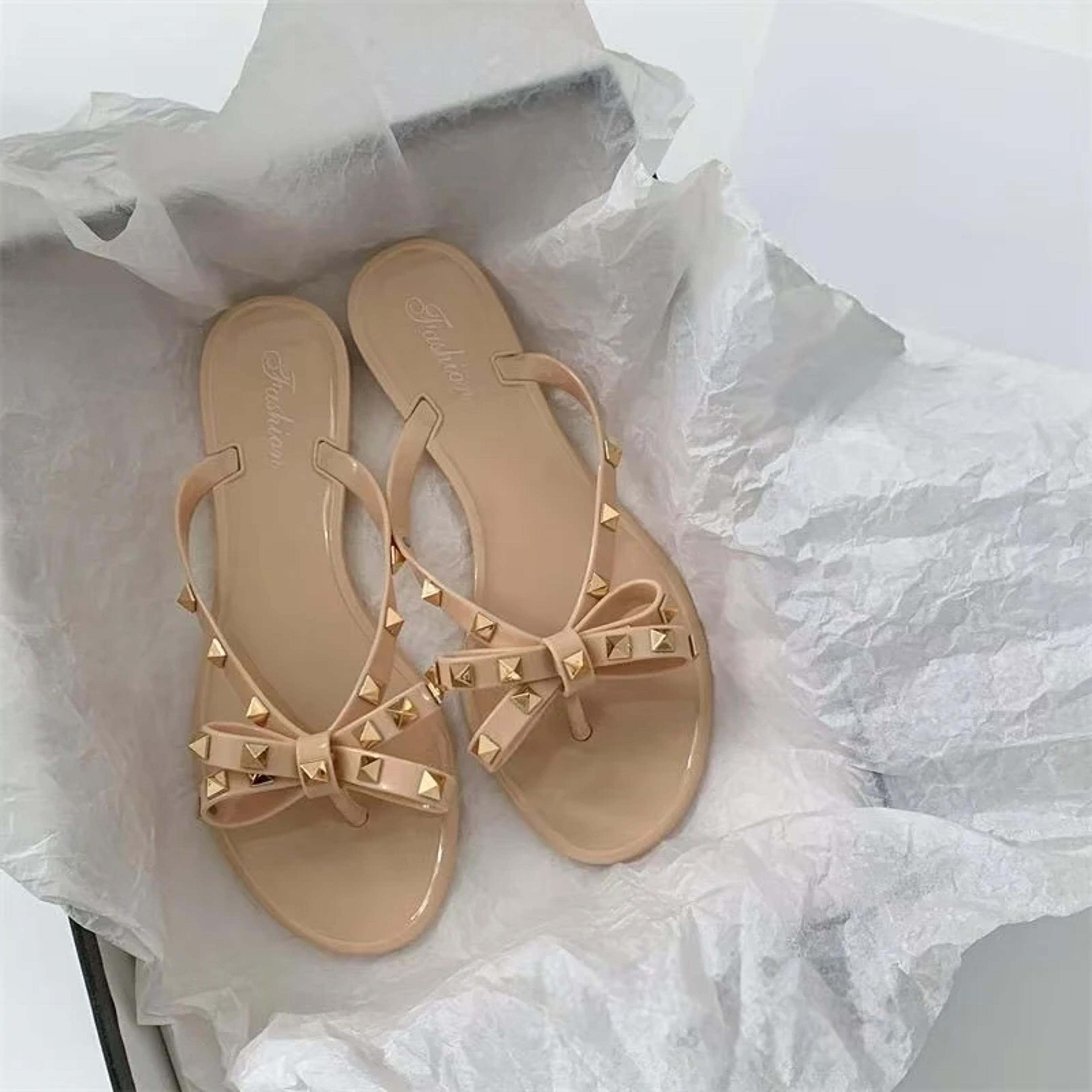 Summer Women Slippers Transparent Crystal Beach Shoes Bow Flip Flops Rivet Flats Open Toe Outdoor S
