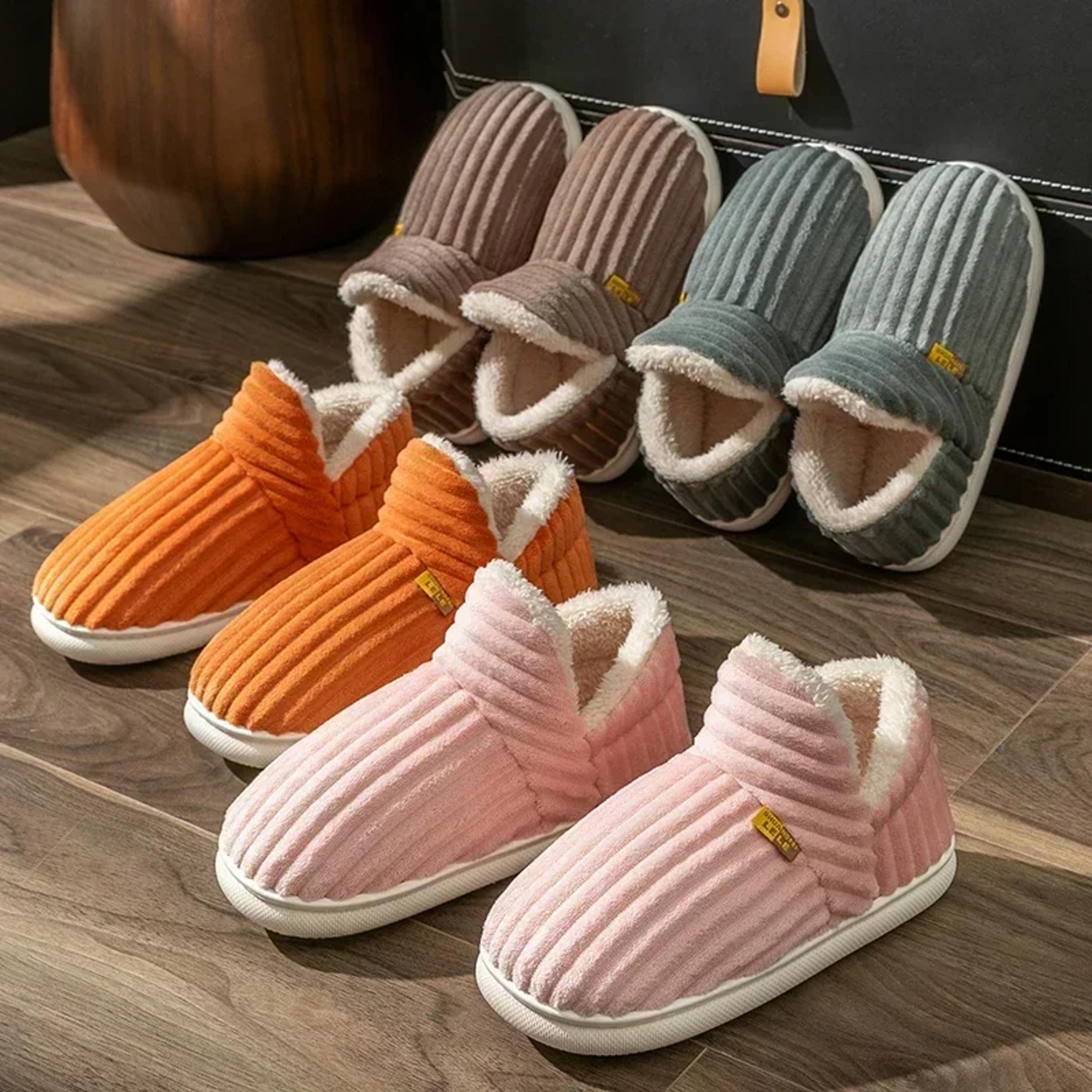 Winter Couple Style Nonslip Slippers Solid Color Wrap Heels Plush Warm Flip Flops For Women And Men