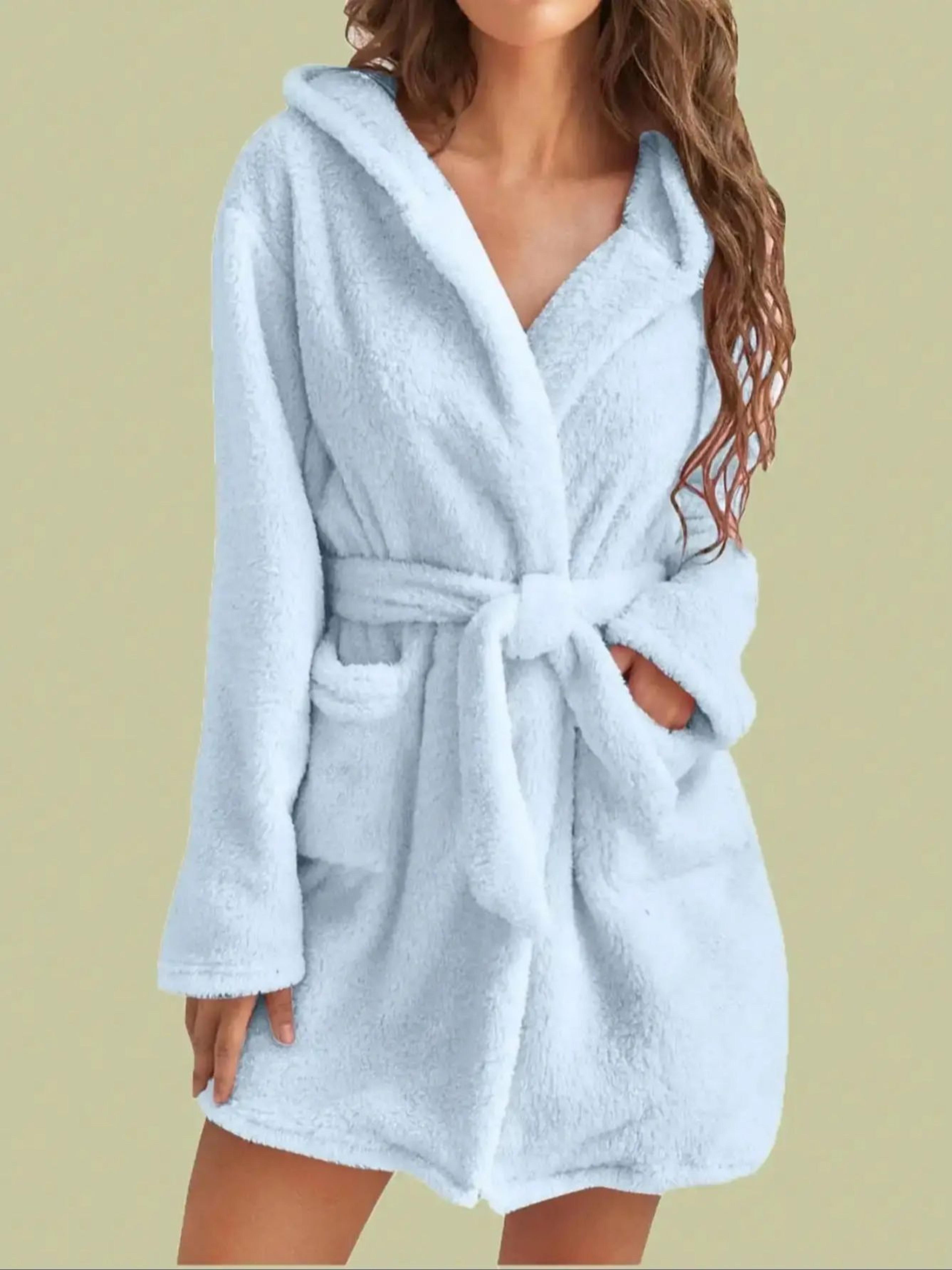 Cozy And Warm Womens Solid Color Hooded Robe With Belt Fleece Pajamas For Home Wear In Autumn And W 3