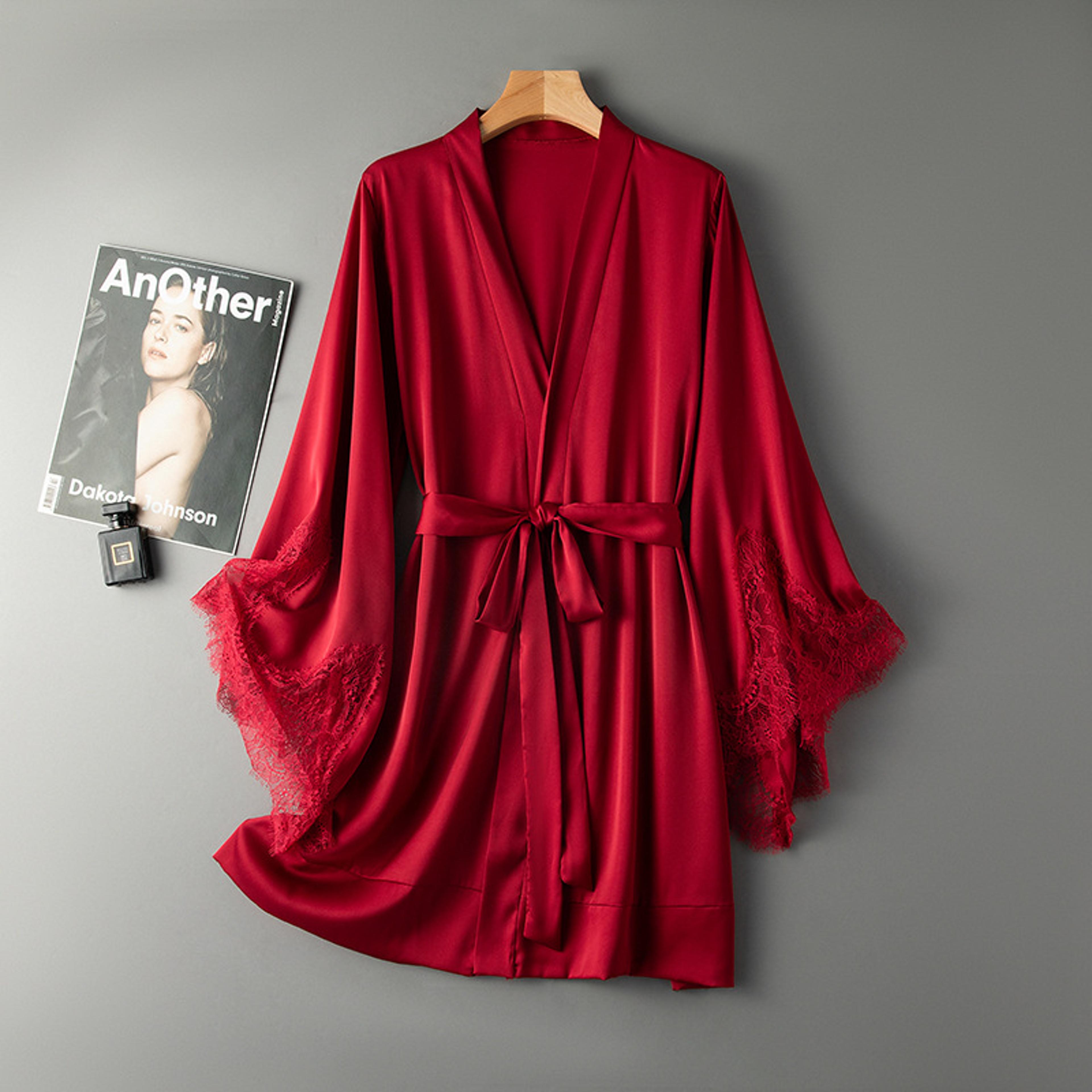 Women Sexy Robe With Lace Satin Kimono Nightgown Bathrobe Gown Pink Nightdress 4