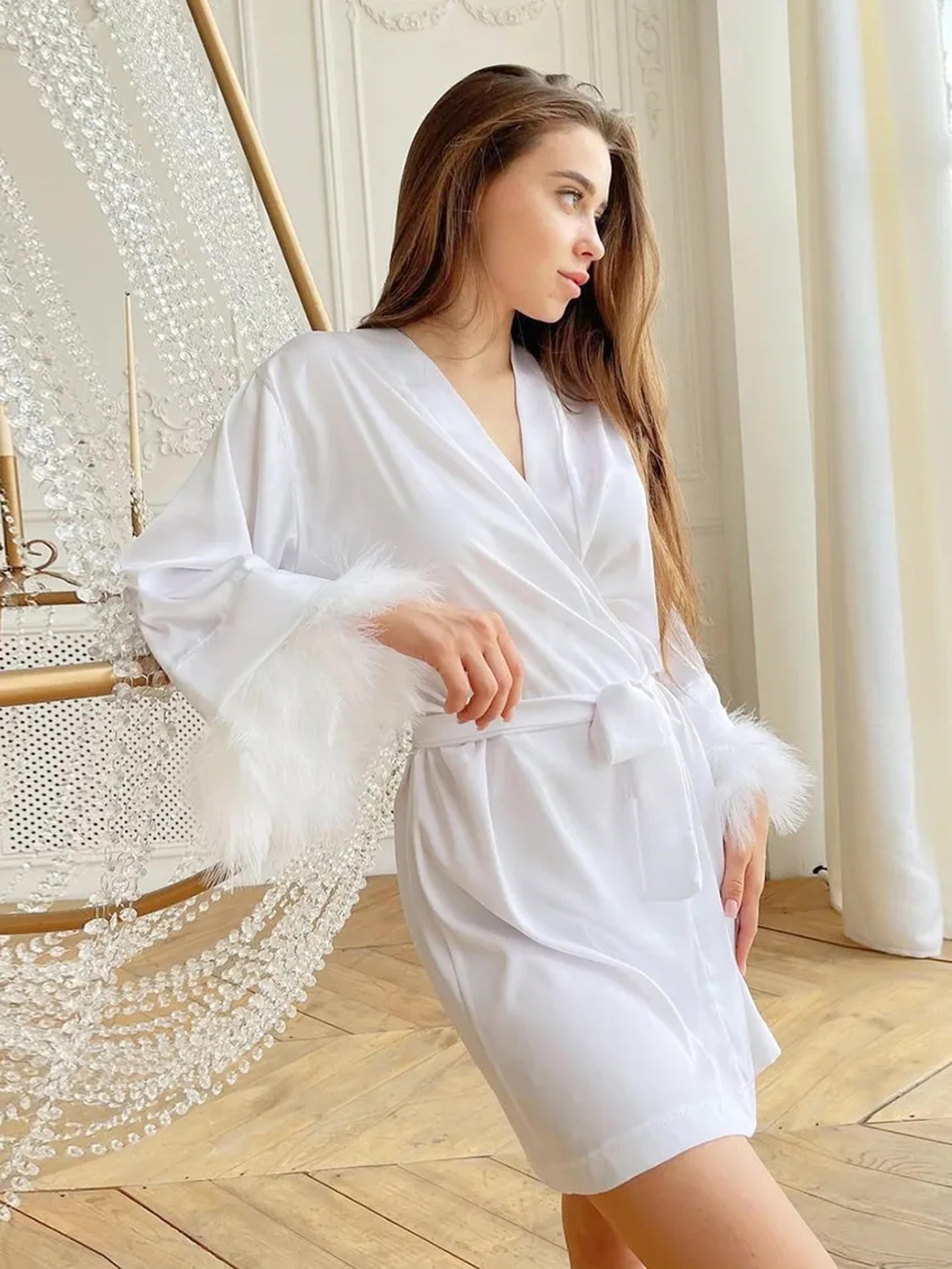 Satin Robe For Women White Feather Robe With Fur Full Sleeves Sleepwear Bride Robe Gown Dress Bathr 3