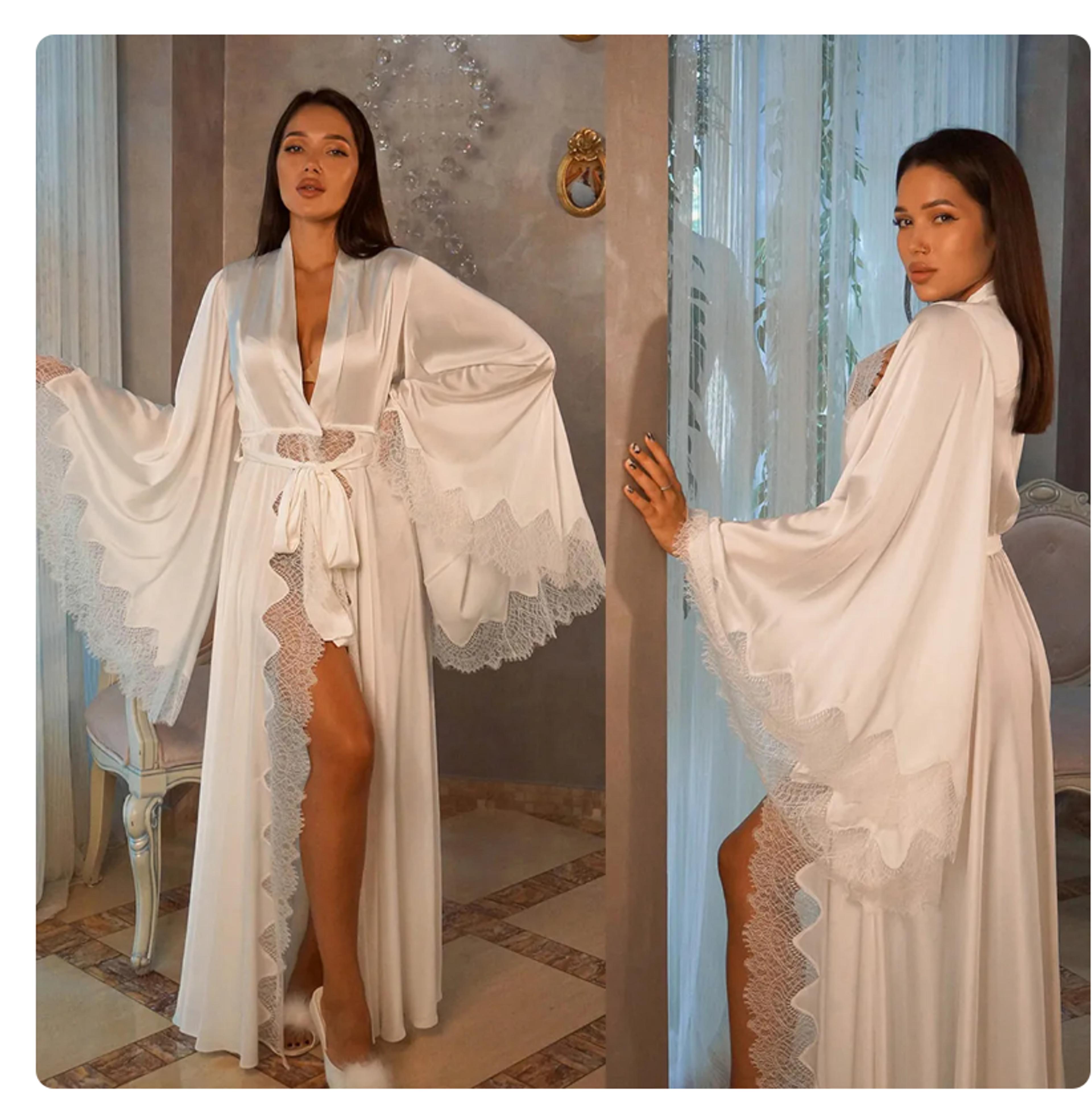 Pure Long Black Silk Satin Kimono Pajamas Women Robes Sleepwear With Lace Trim Wedding Bride Gown P 5
