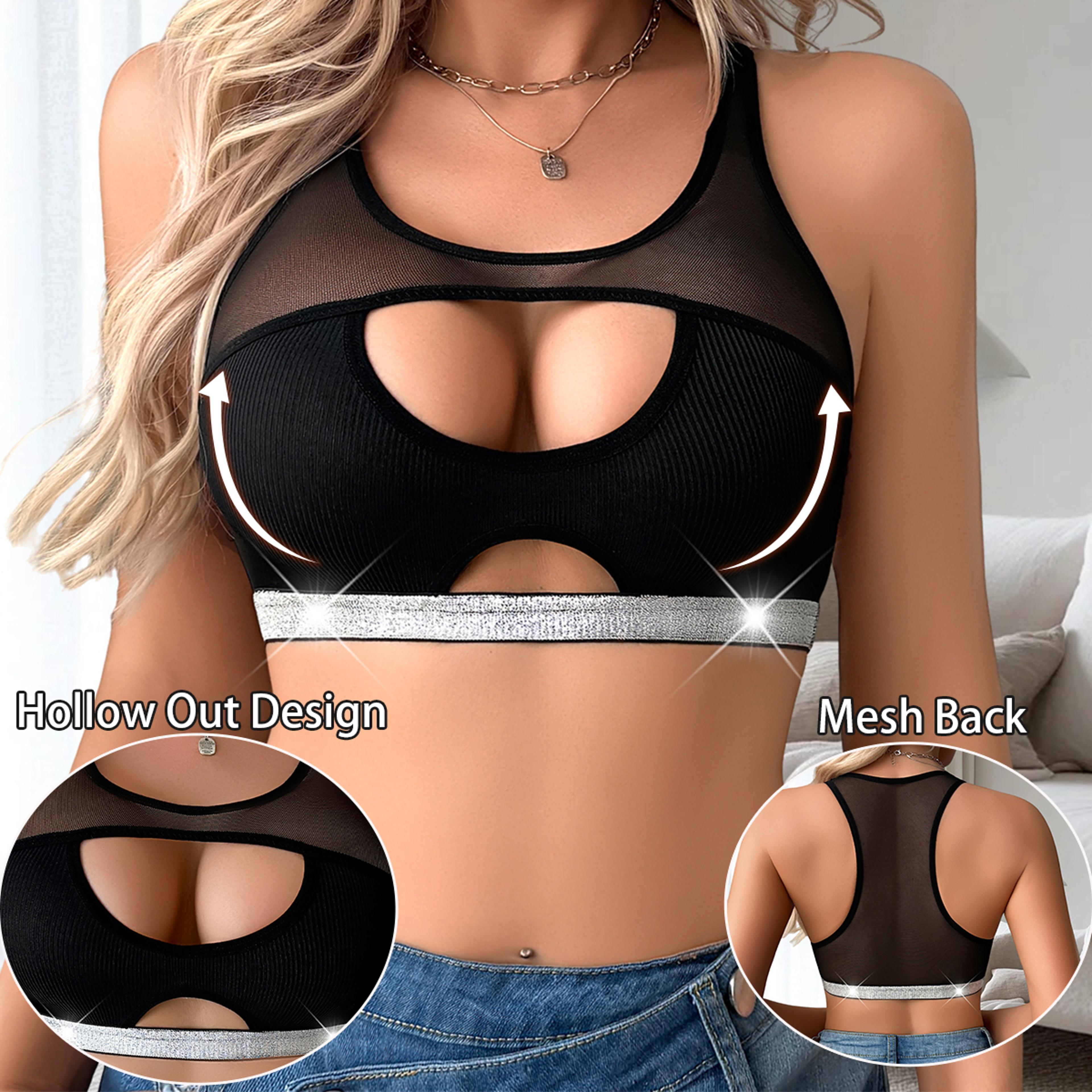 Hollow Out Fashion Style Sexy Womens Bra WireFree Camisole Ribbed Mesh Patchwork No Pad Female Unde 5