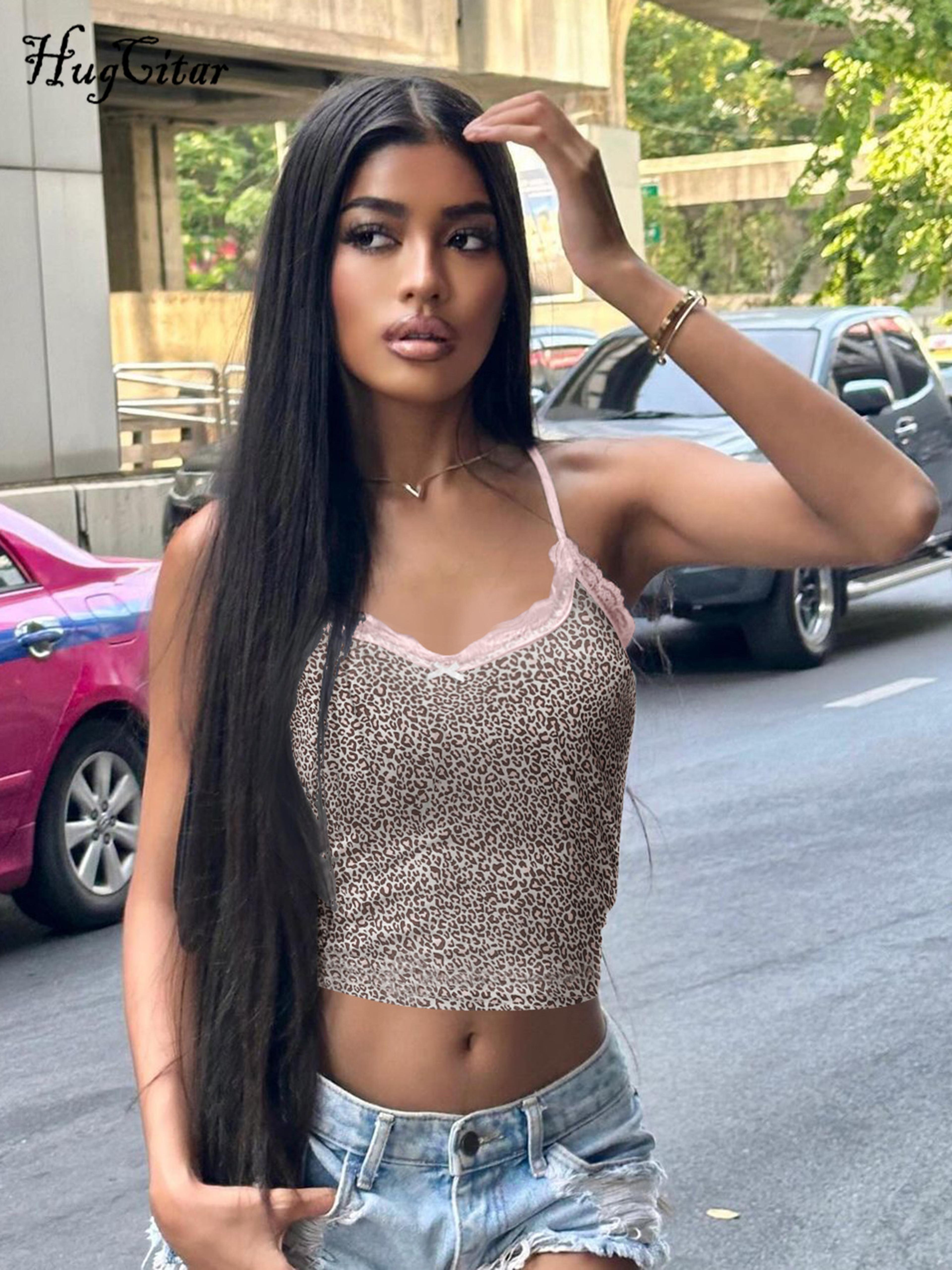 Sexy Slim Crop Camis Top Hugcitar Leopard Print Lace Bows Patchwork Summer Fashion Women Outfits Fo 3