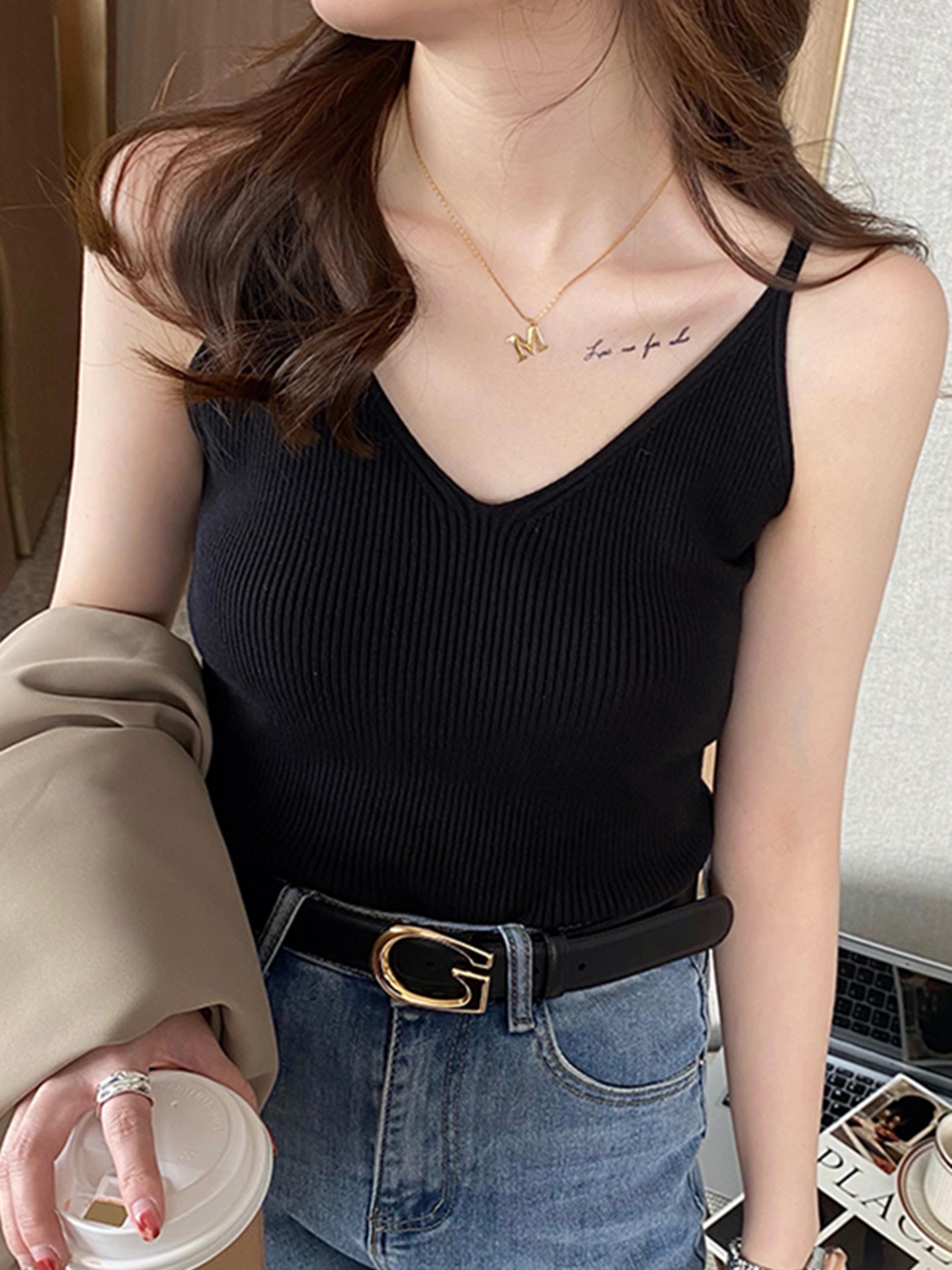 Solid VNeck Elastic Knitted Suspender Camis Korea Summer Tops New Womens Tanks Clothing Basics Shir 1