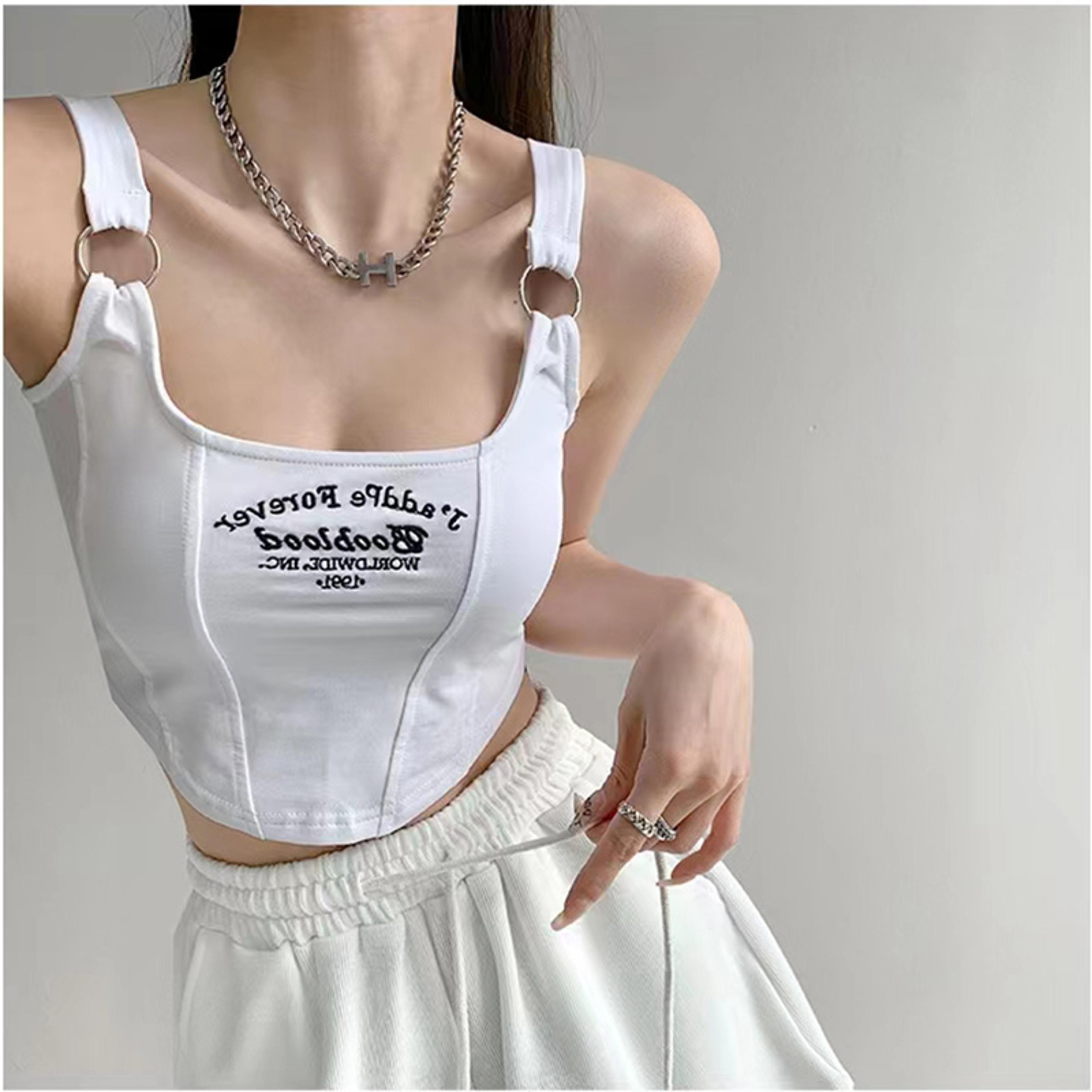Casual Camis Women Embroid Letter Tank Tops Bra Pad Crop Tops For Women Shoulder Belt Iron Ring Tan 6