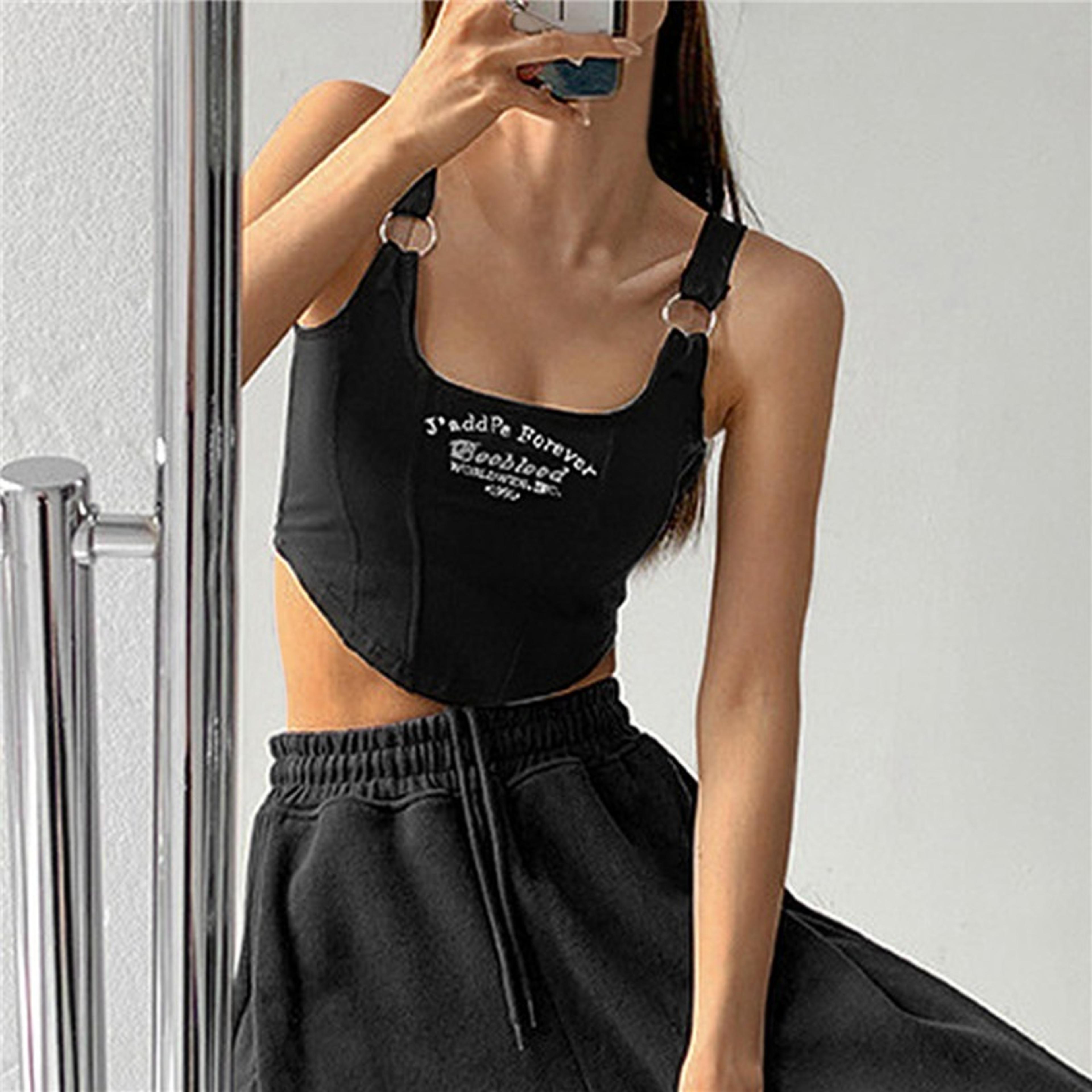 Casual Camis Women Embroid Letter Tank Tops Bra Pad Crop Tops For Women Shoulder Belt Iron Ring Tan 8