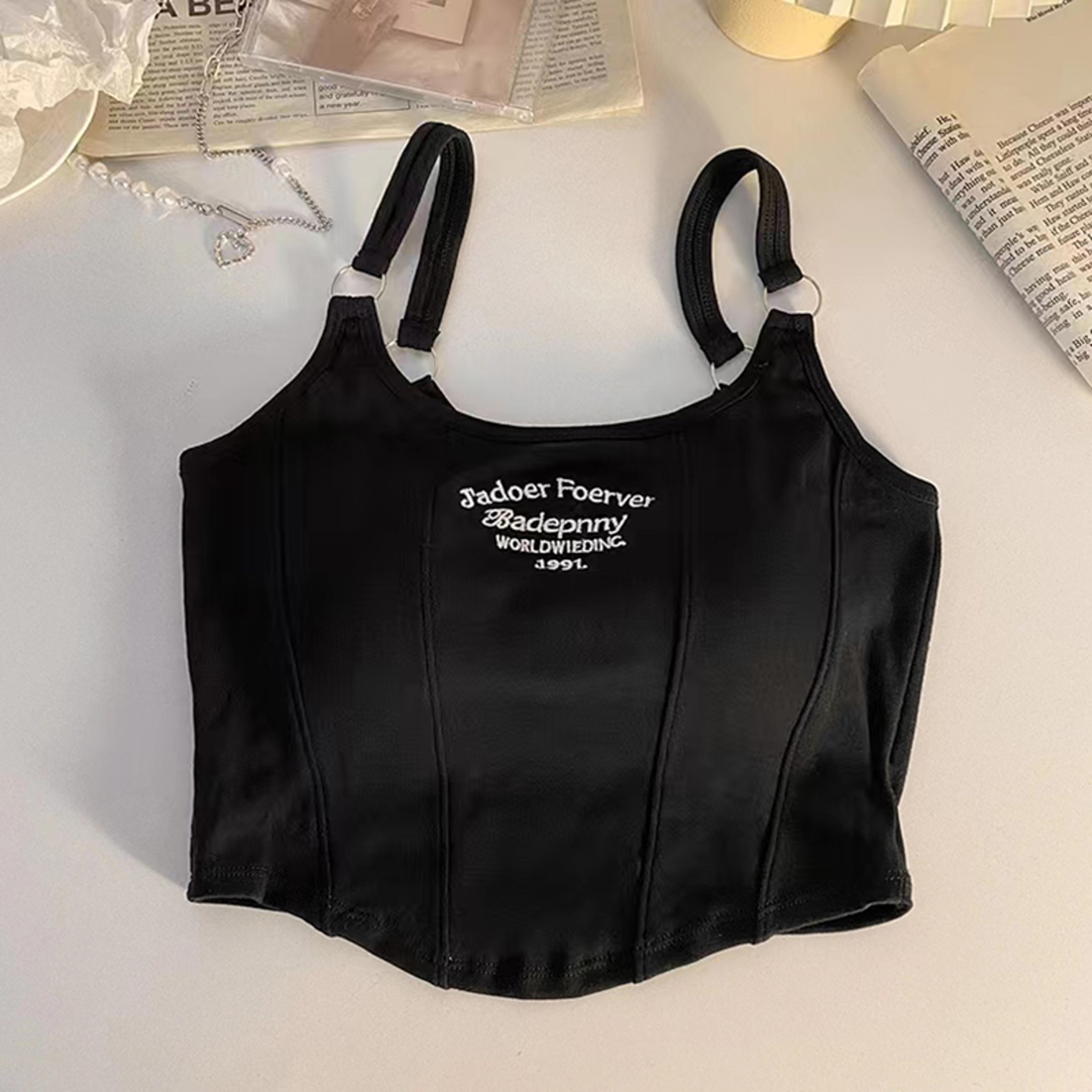 Casual Camis Women Embroid Letter Tank Tops Bra Pad Crop Tops For Women Shoulder Belt Iron Ring Tan 1