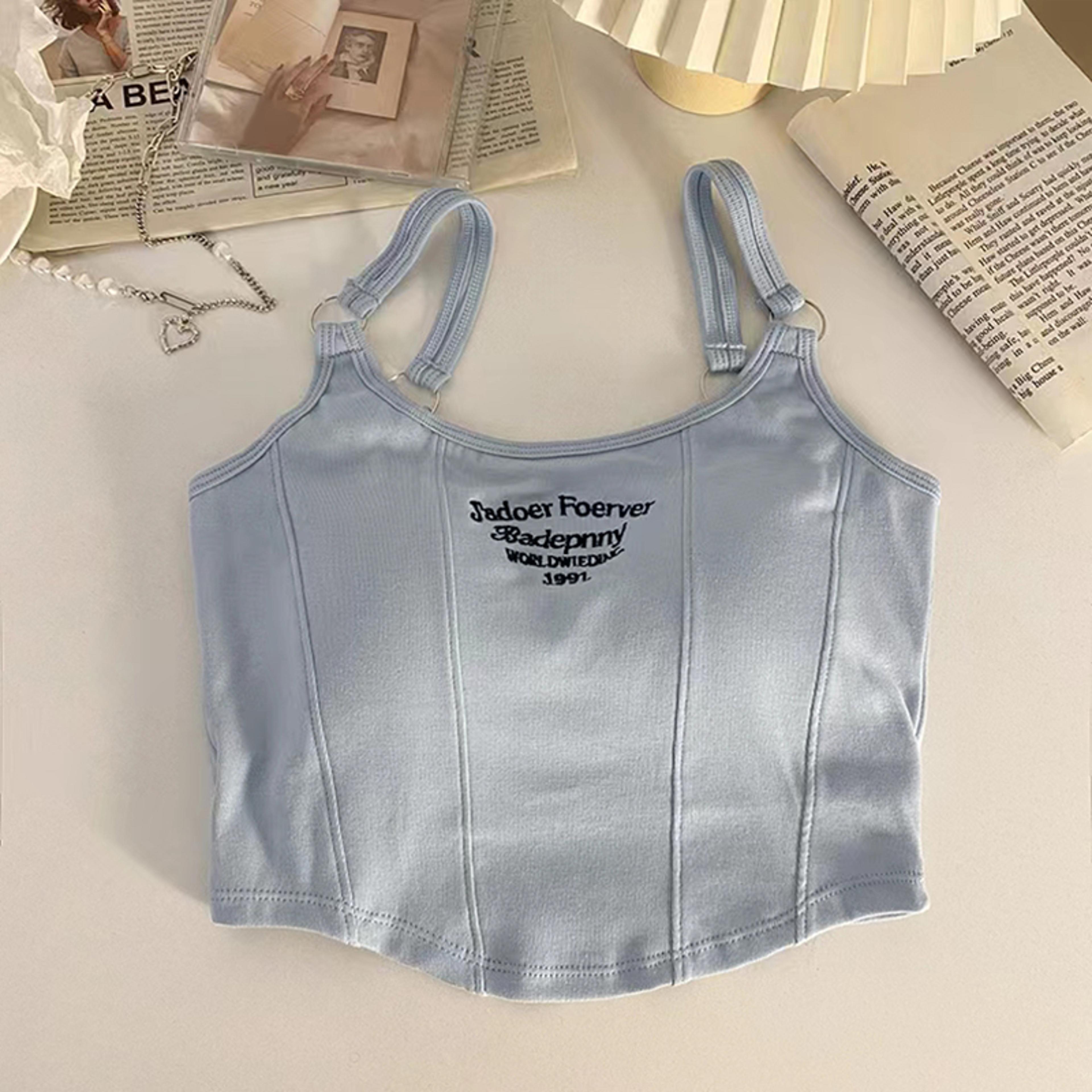 Casual Camis Women Embroid Letter Tank Tops Bra Pad Crop Tops For Women Shoulder Belt Iron Ring Tan 2