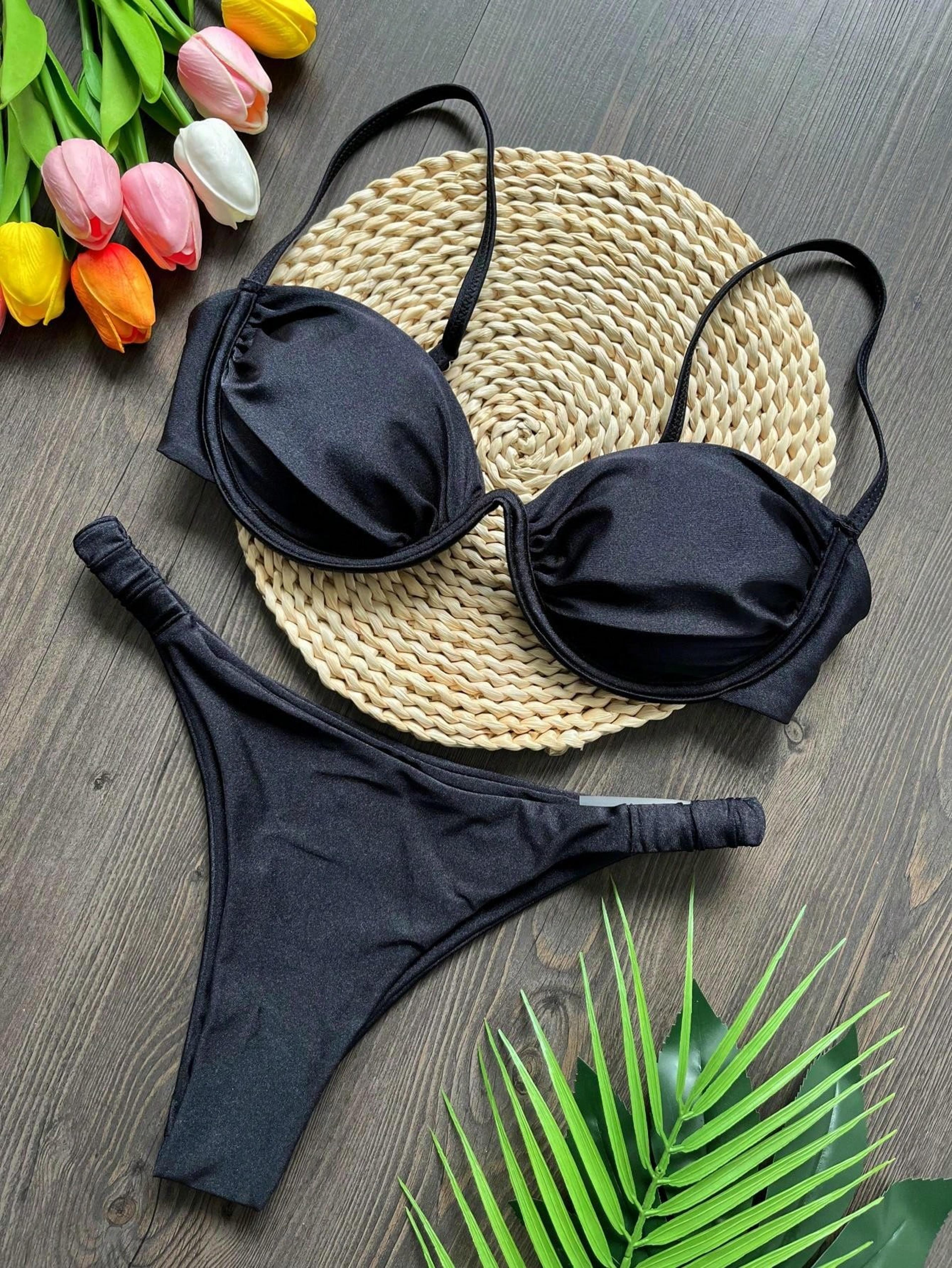 Flower Bikini Set Women Black White V Wire Underwired Mini Swimsuit Sexy Beach Bathing Suit Pleate  4