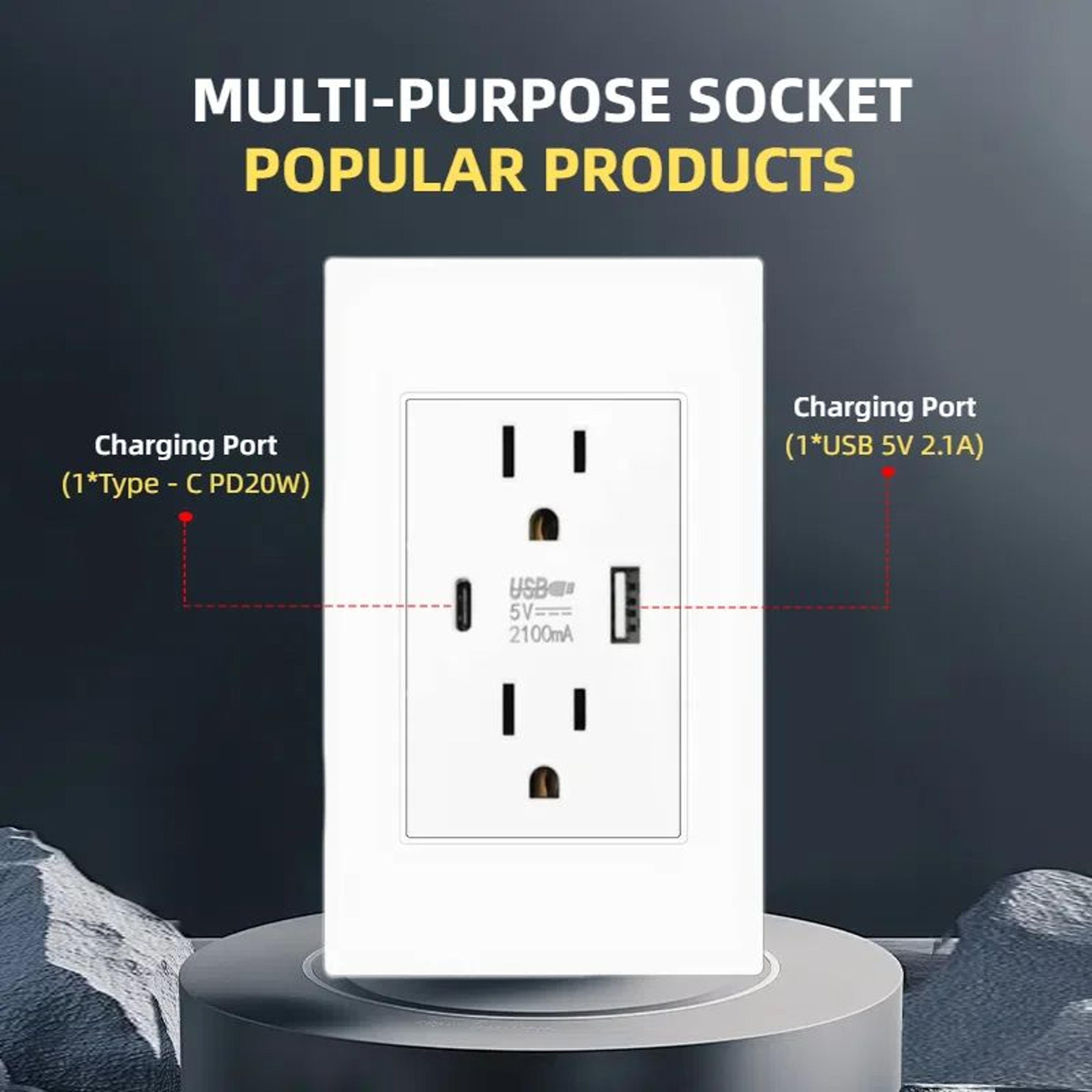 Eiomr US Standard Wall Socket With USB TypeC Charging Port 5V Fireproof PC Panel Power Outlet For H 3