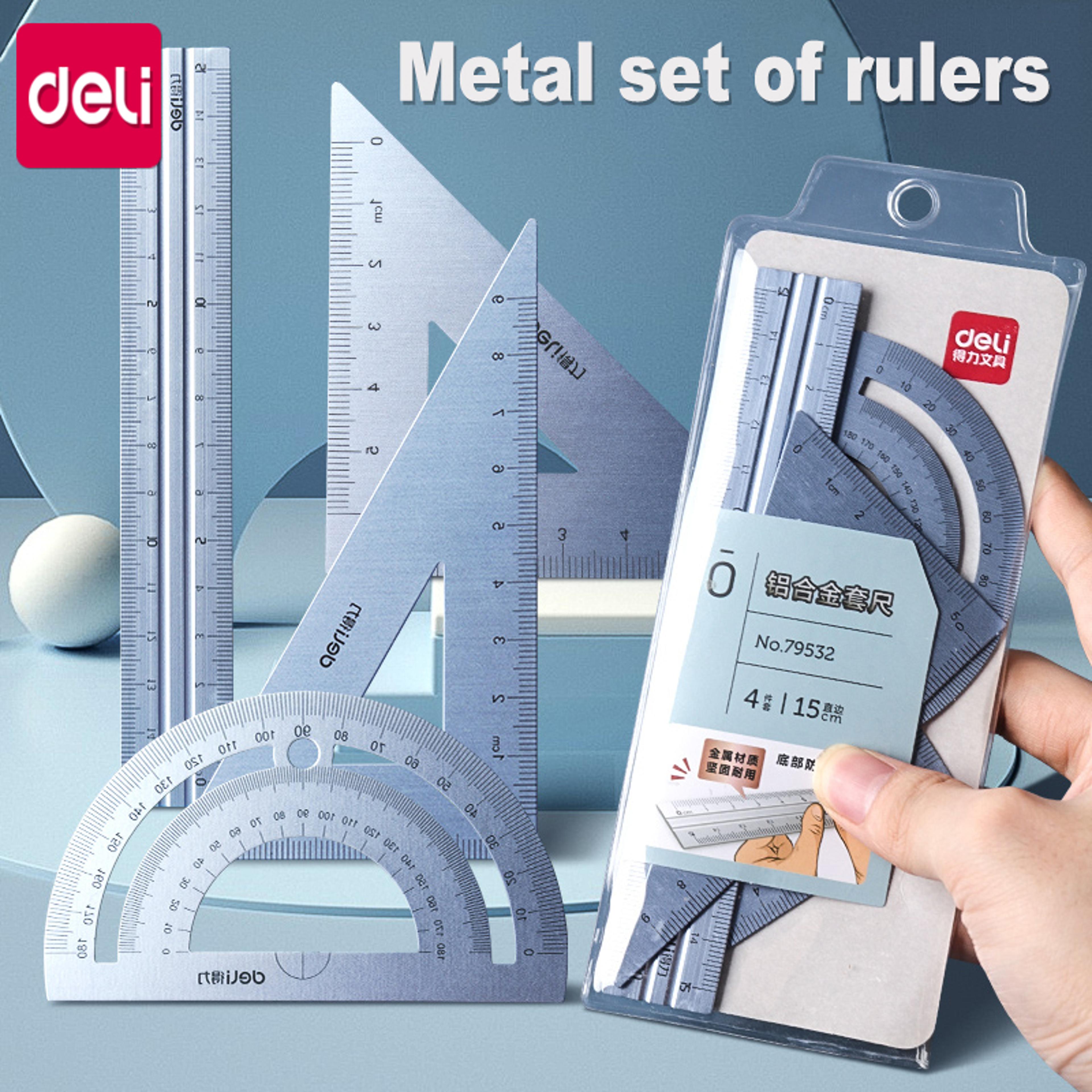 4 in 1 deli metal ruler set, triangle measuring ruler for kids, drawing straight ruler school office accessories
