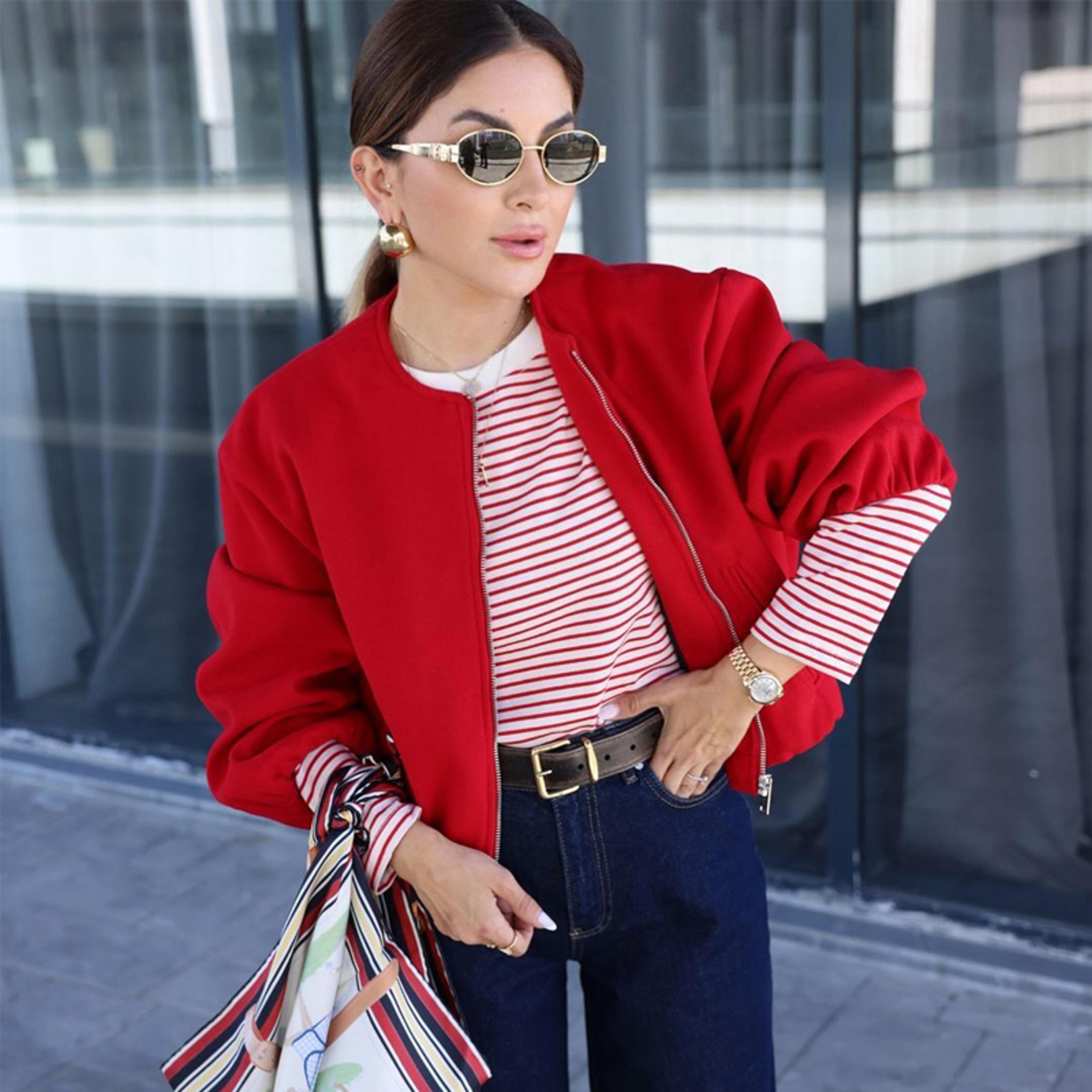 Trendy MUJER Red Bomber Jacket Soft Cropped Jacket For Women Sports Style Zipper Outerwear 4