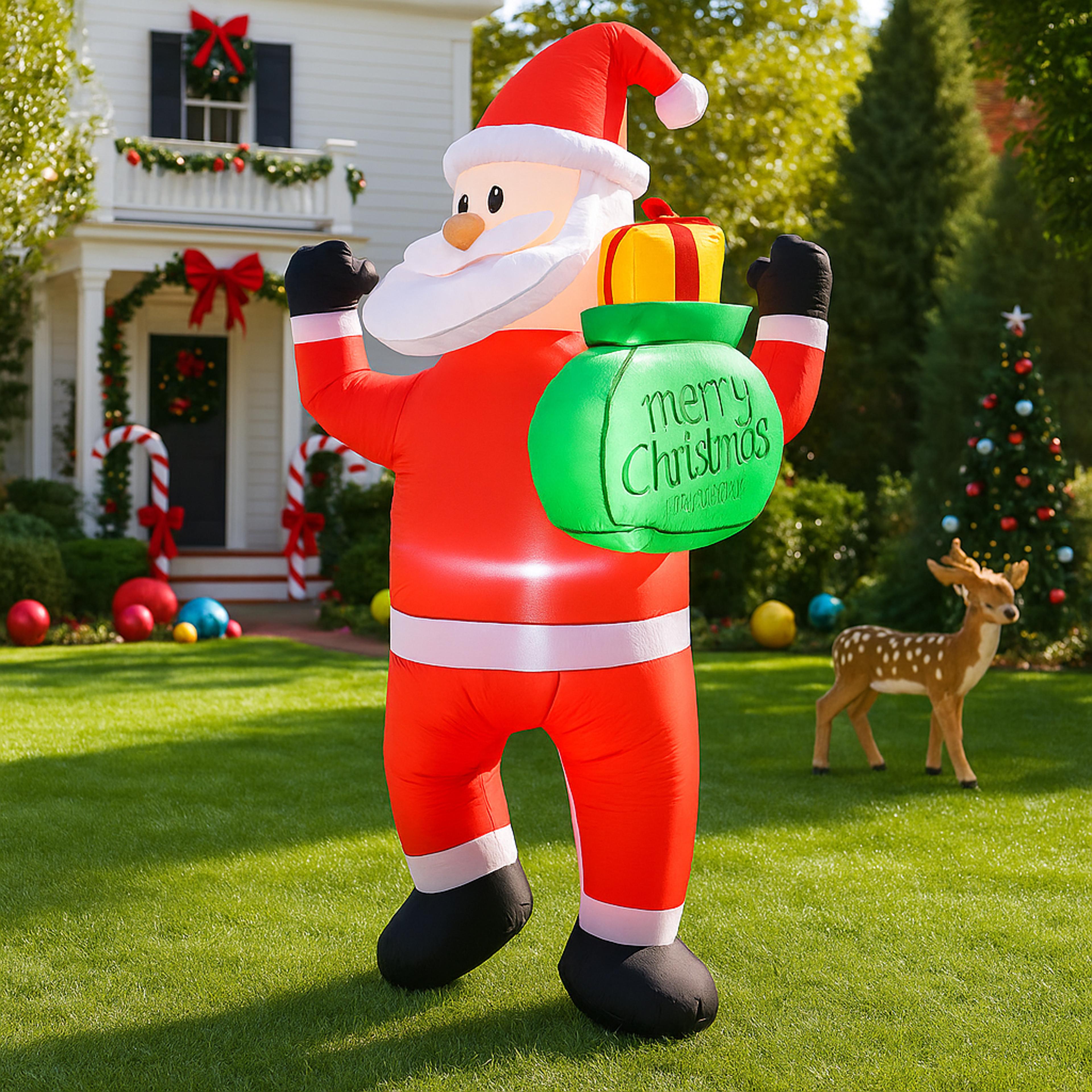 outdoor christmas decorations, santa claus inflatable, holding gift bag, yard holiday party toy, ornaments lights
