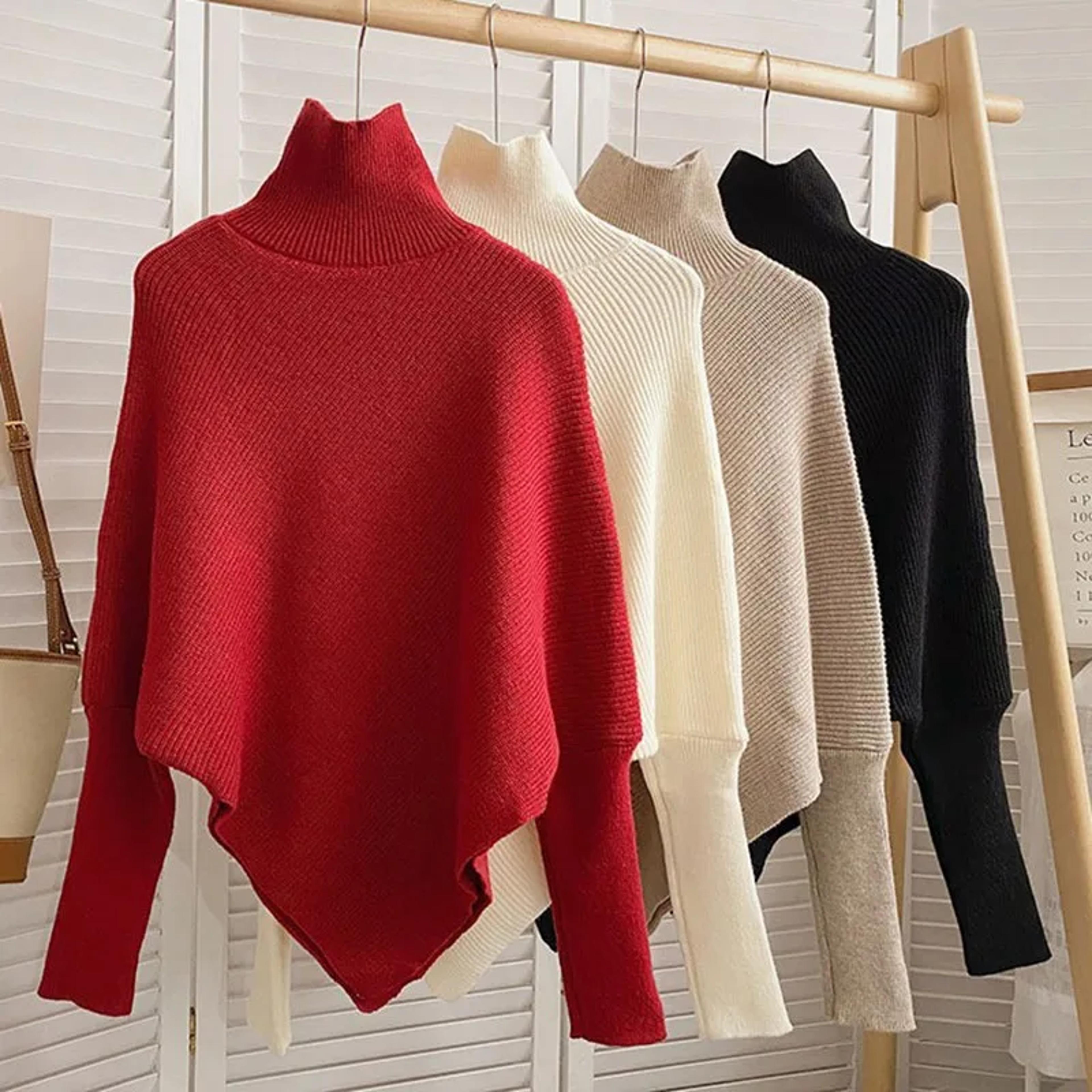 autumn winter knit sweater, vintage irregular loose pullover, chic high neck women fashion tops