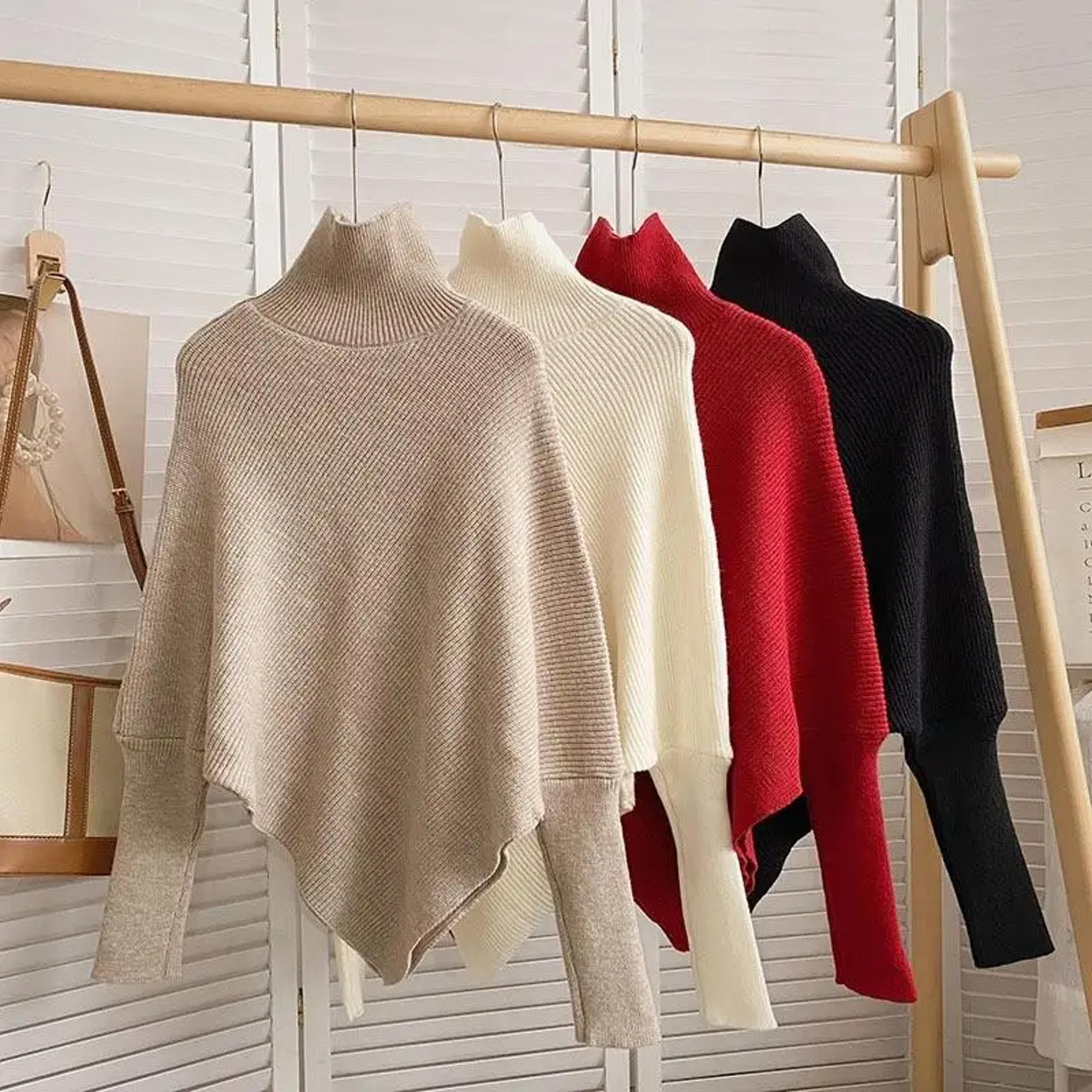 Autumn Winter Knit Sweater Vintage Irregular Loose Pullover Chic High Neck Women Fashion Tops 7