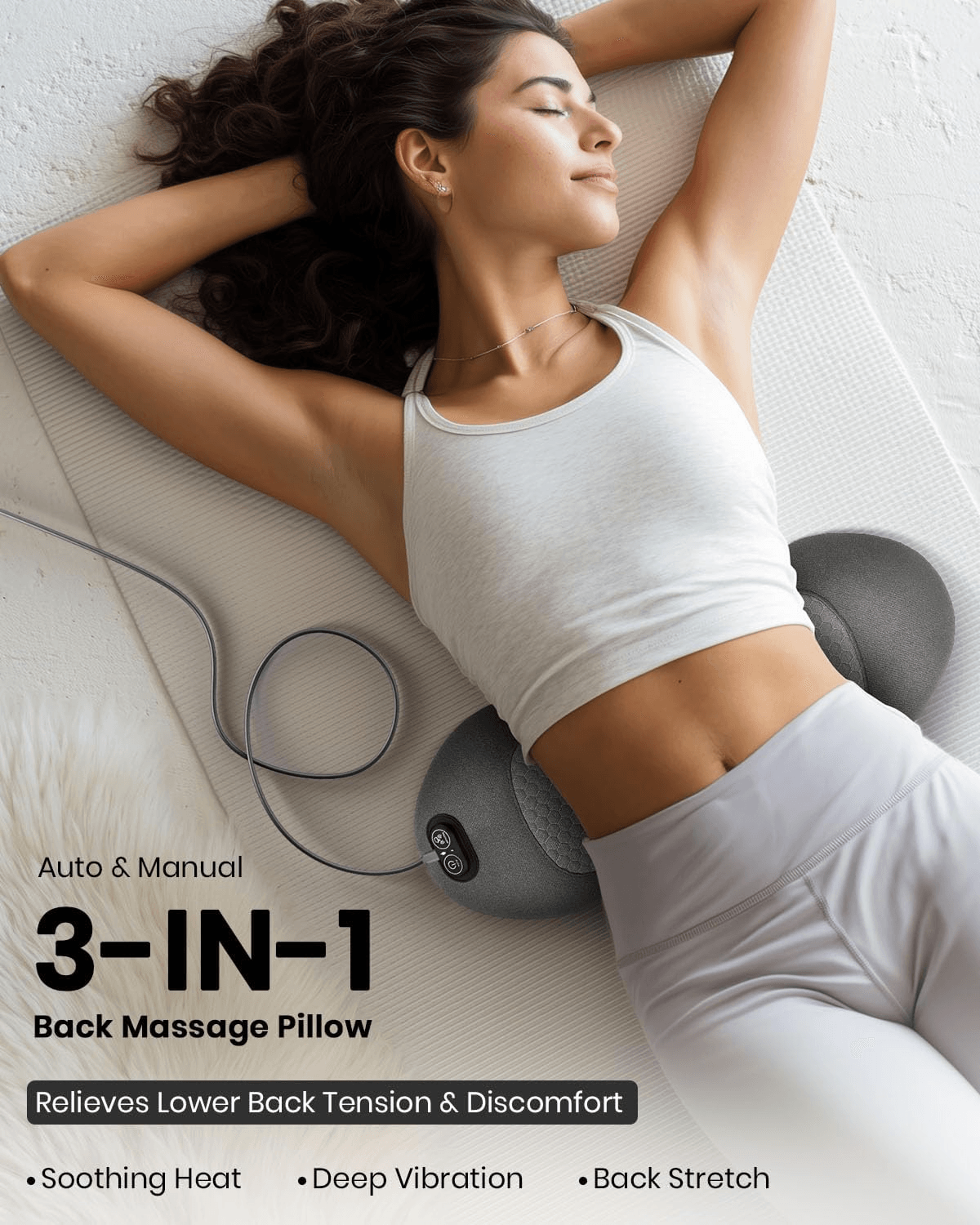 Office worker relaxing on portable back massager for posture correction and sciatica pain