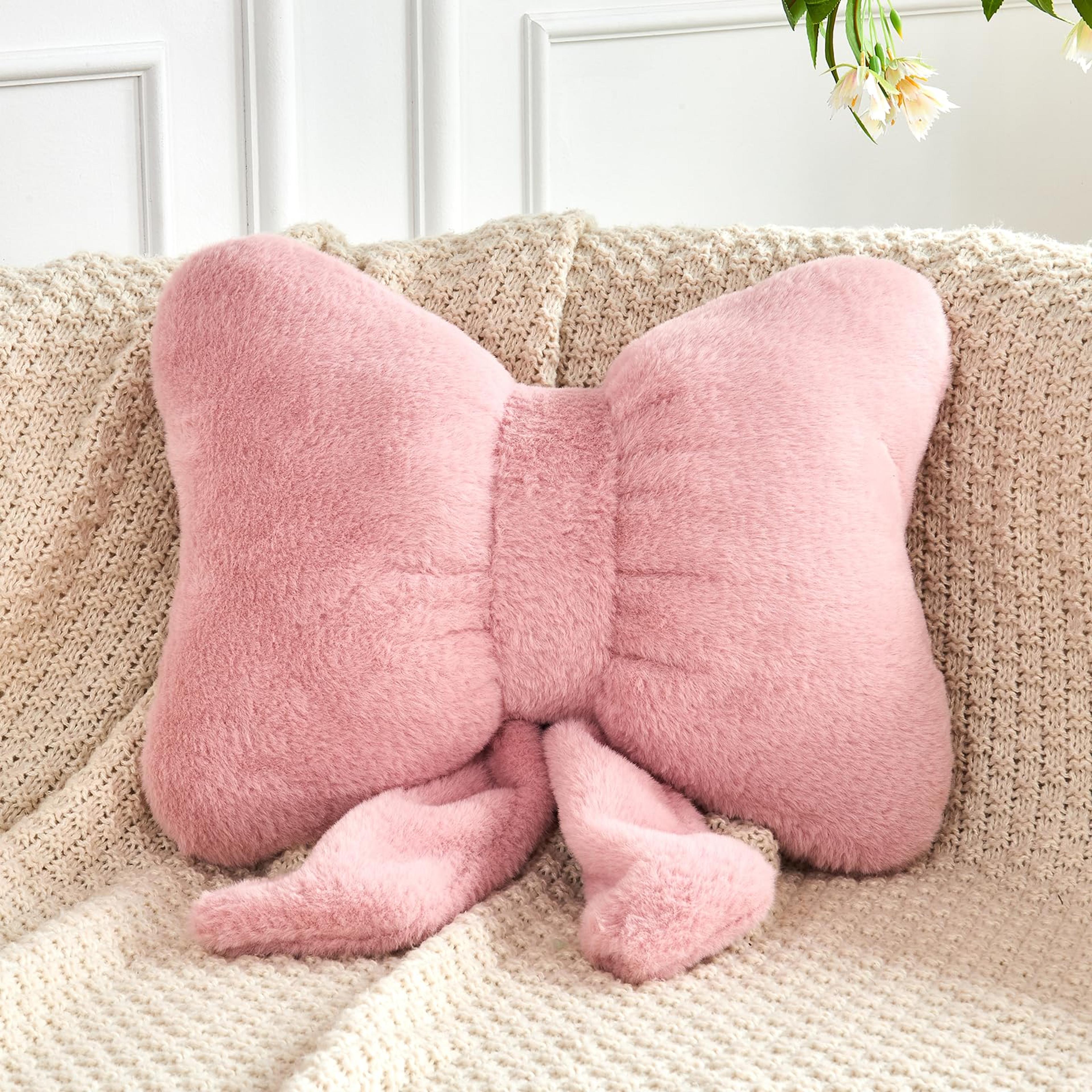 Cute Dusty Pink Bow Throw Pillows Soft Faux Rabbit Fur Aesthetic Home Decor Decorative Bow Pillow 3