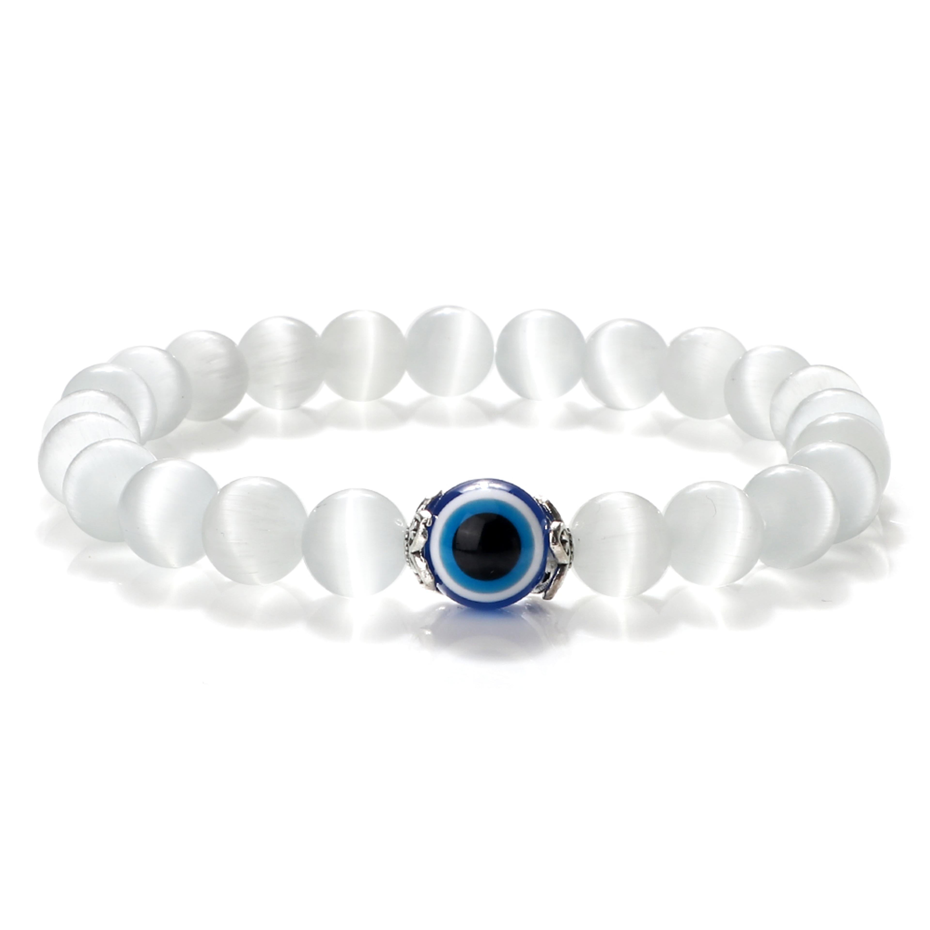 Tiger Eye Beaded Bracelet With Natural White Porcelain Flower Spacer Evil Eye Distance Couple Elast 9