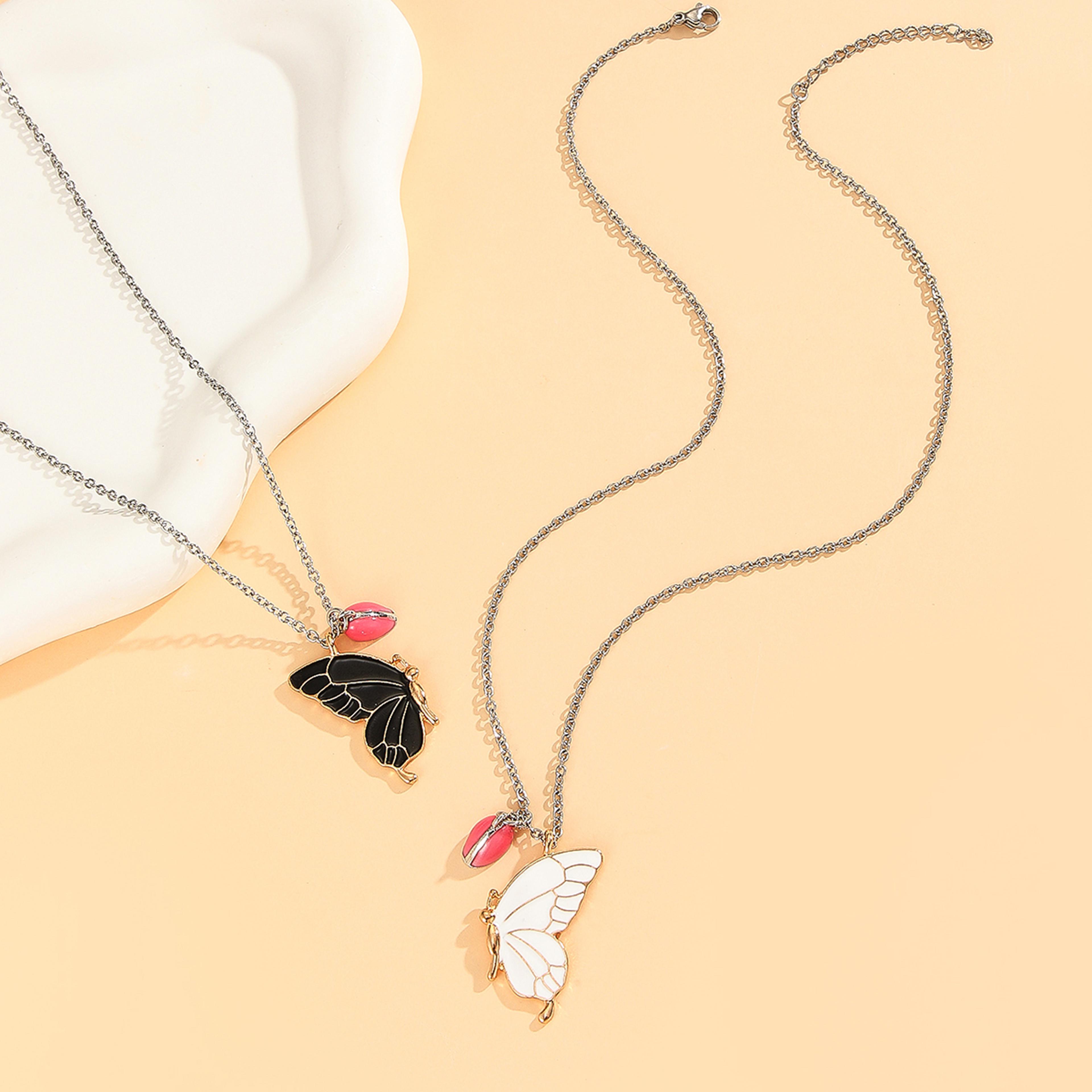 Luminous Love Butterfly Sister Necklace Set Black And White Heart Shaped Magnetic Cute Accessories 3