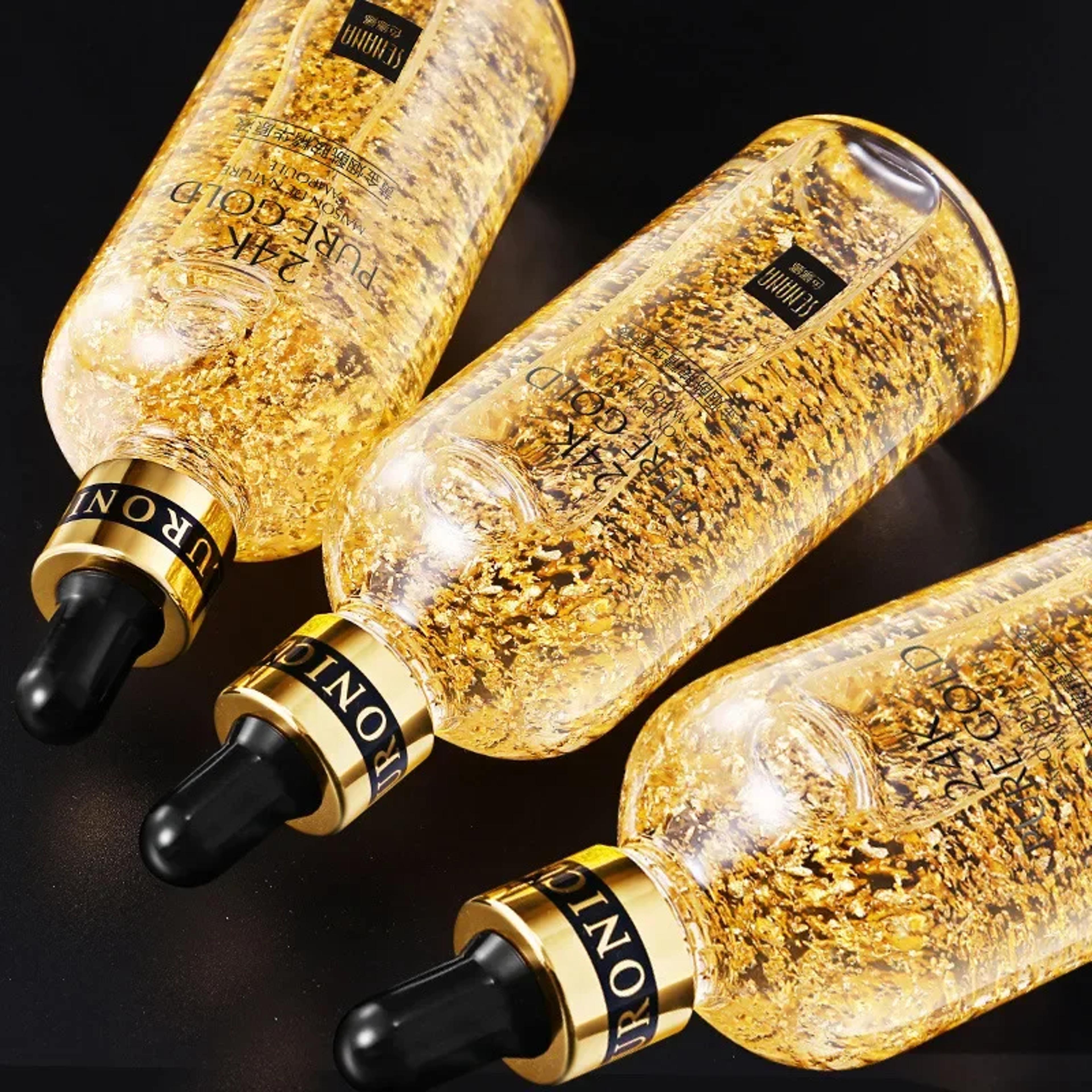 gold skin care essence with hyaluronic acid and nicotinamide for firming, moisturizing, and pore refining