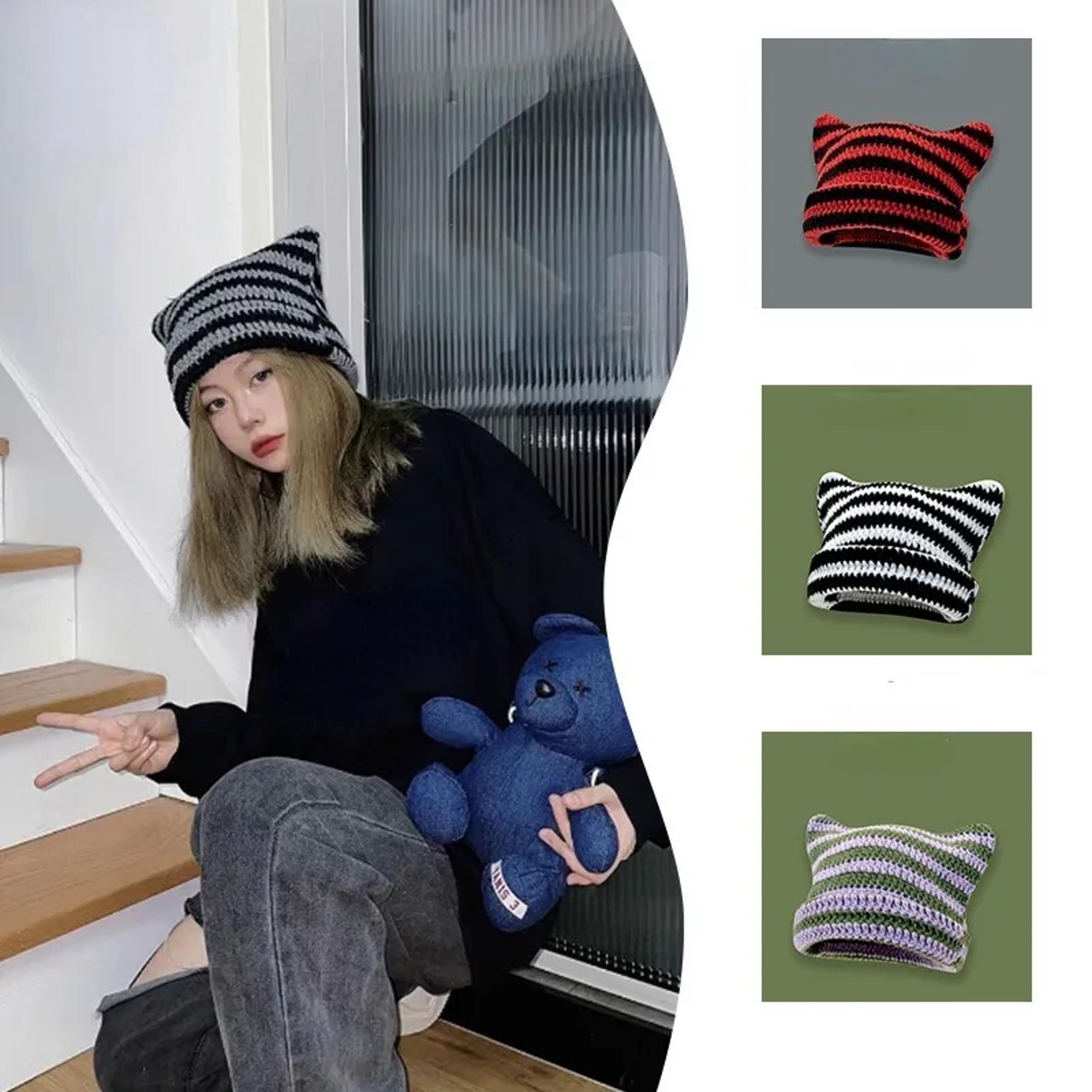 New Japanese Streetwear Harajuku Beanie Little Devil Striped Knitted Hat Women Girls Autumn Winter C