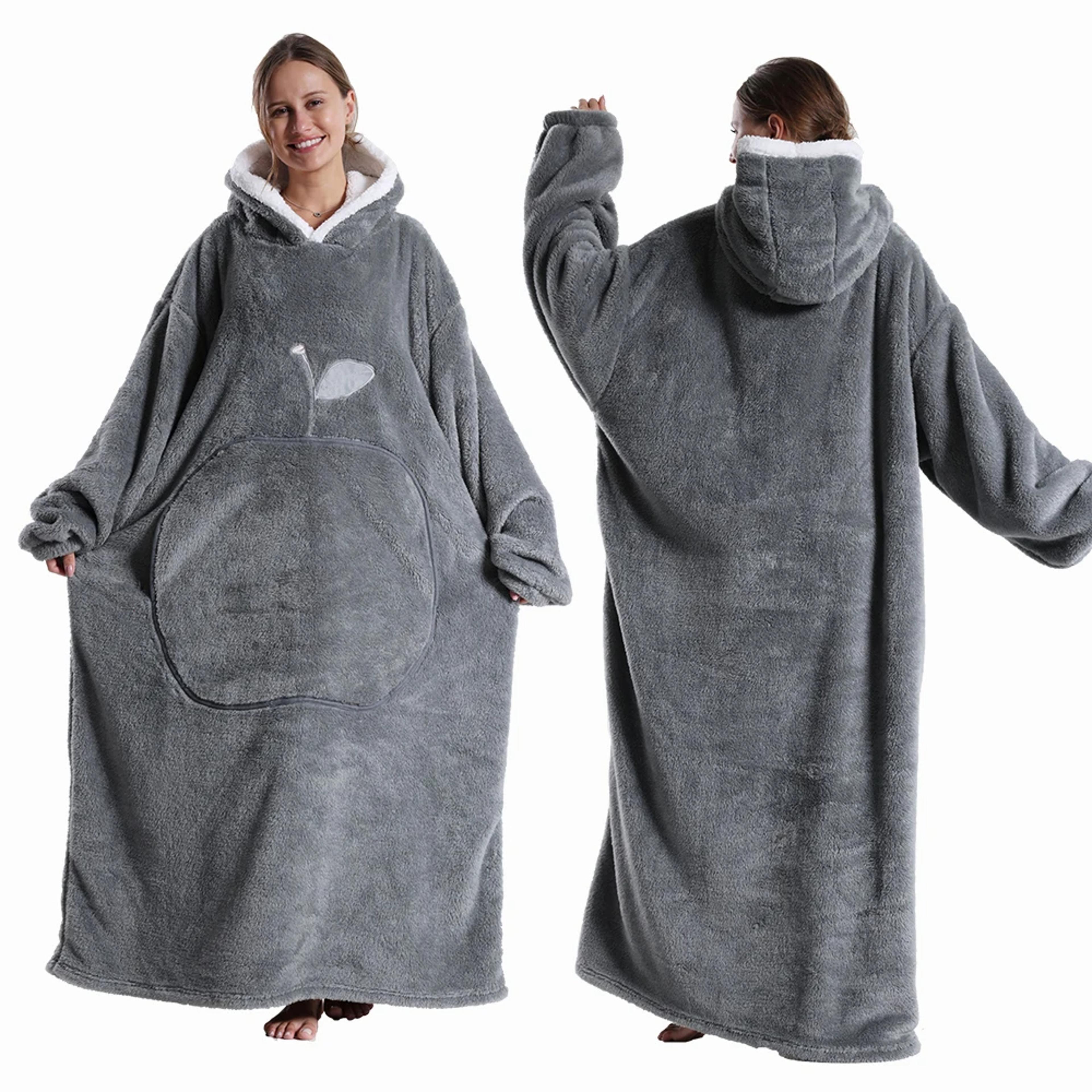 extra long wearable blankets winter flannel hooded blanket with full sleeves men women cozy soft throw adult tv blanket
