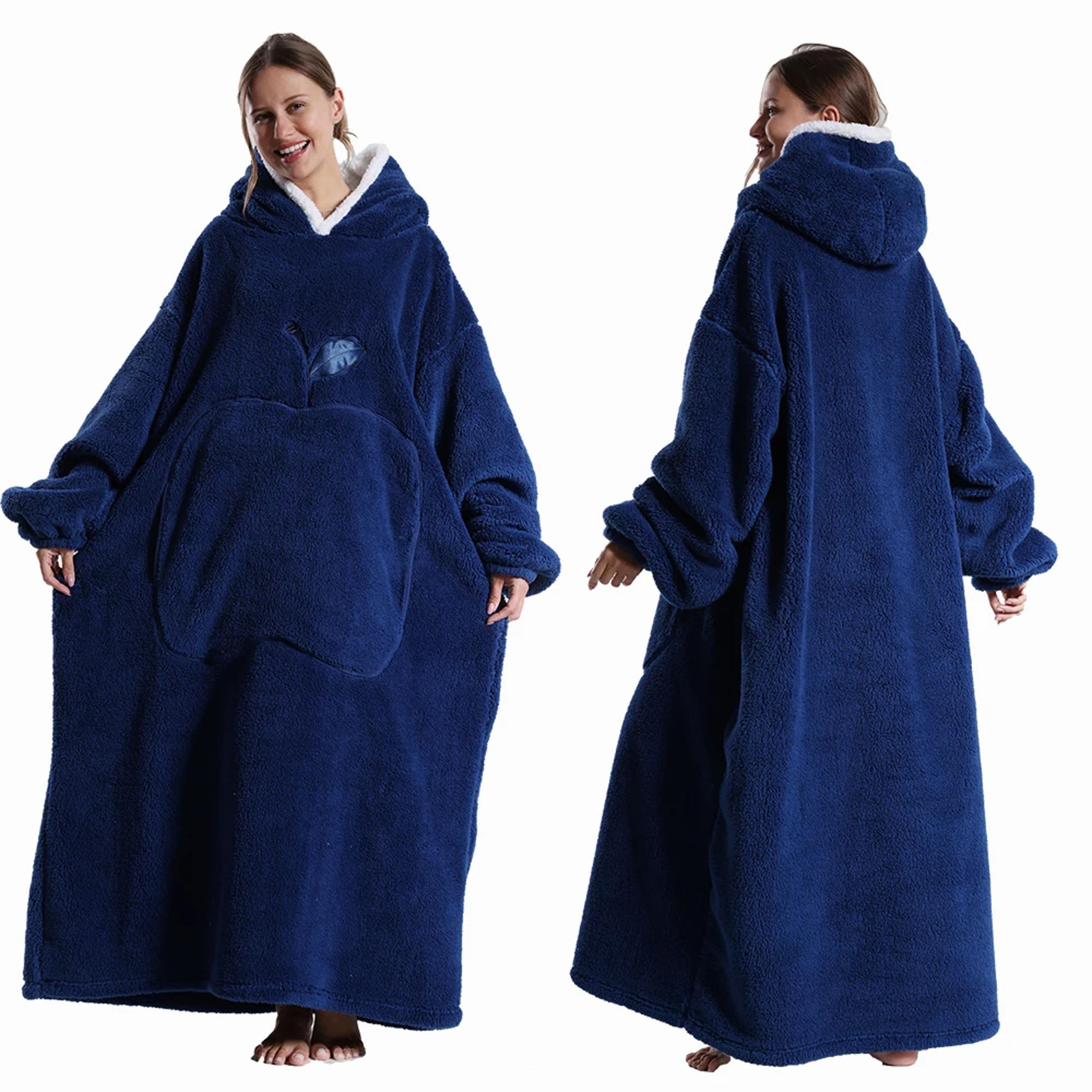 Extra Long Wearable Blankets Winter Flannel Hooded Blanket with Full Sleeves Men Women Cozy Soft Thr
