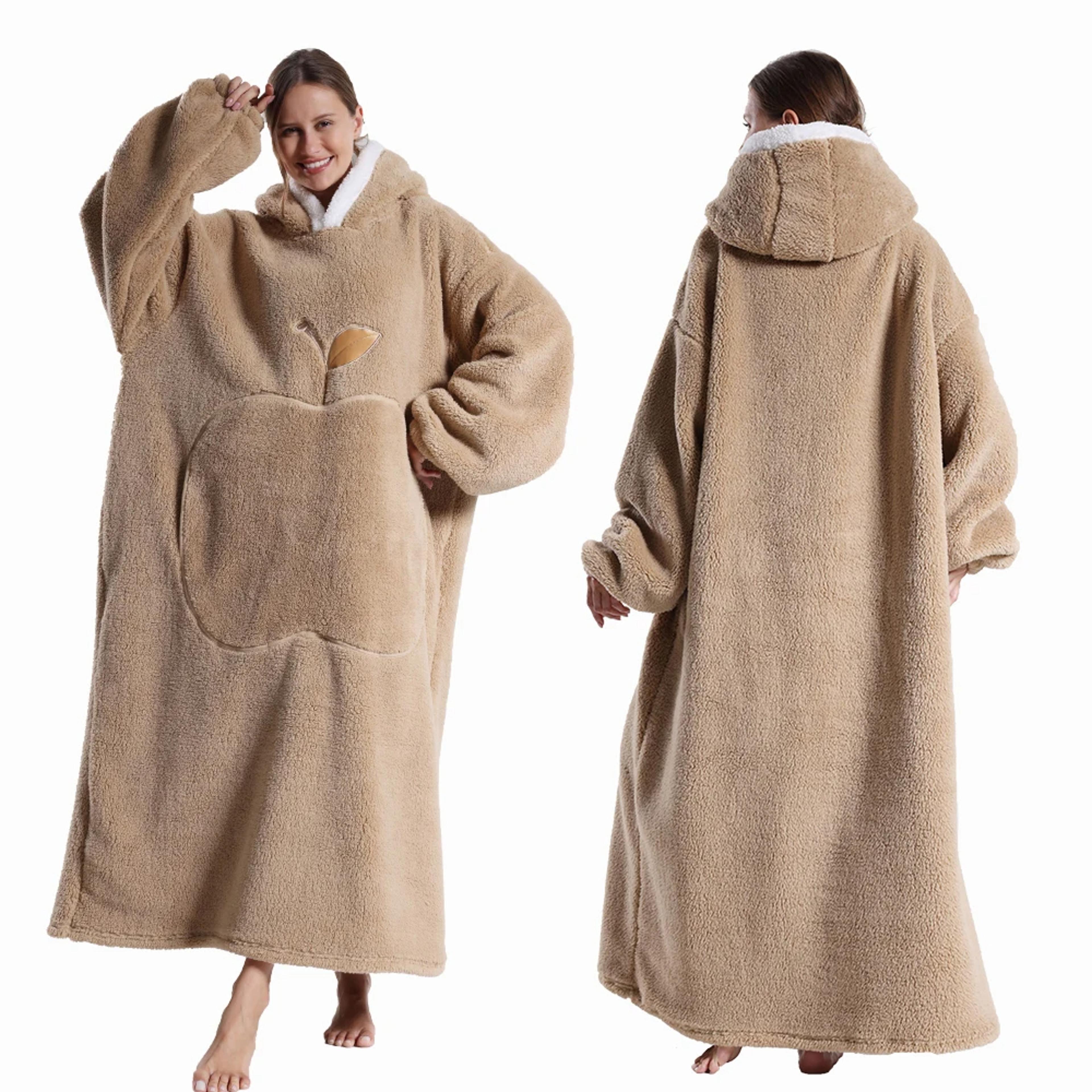 Extra Long Wearable Blankets Winter Flannel Hooded Blanket with Full Sleeves Men Women Cozy Soft Thr