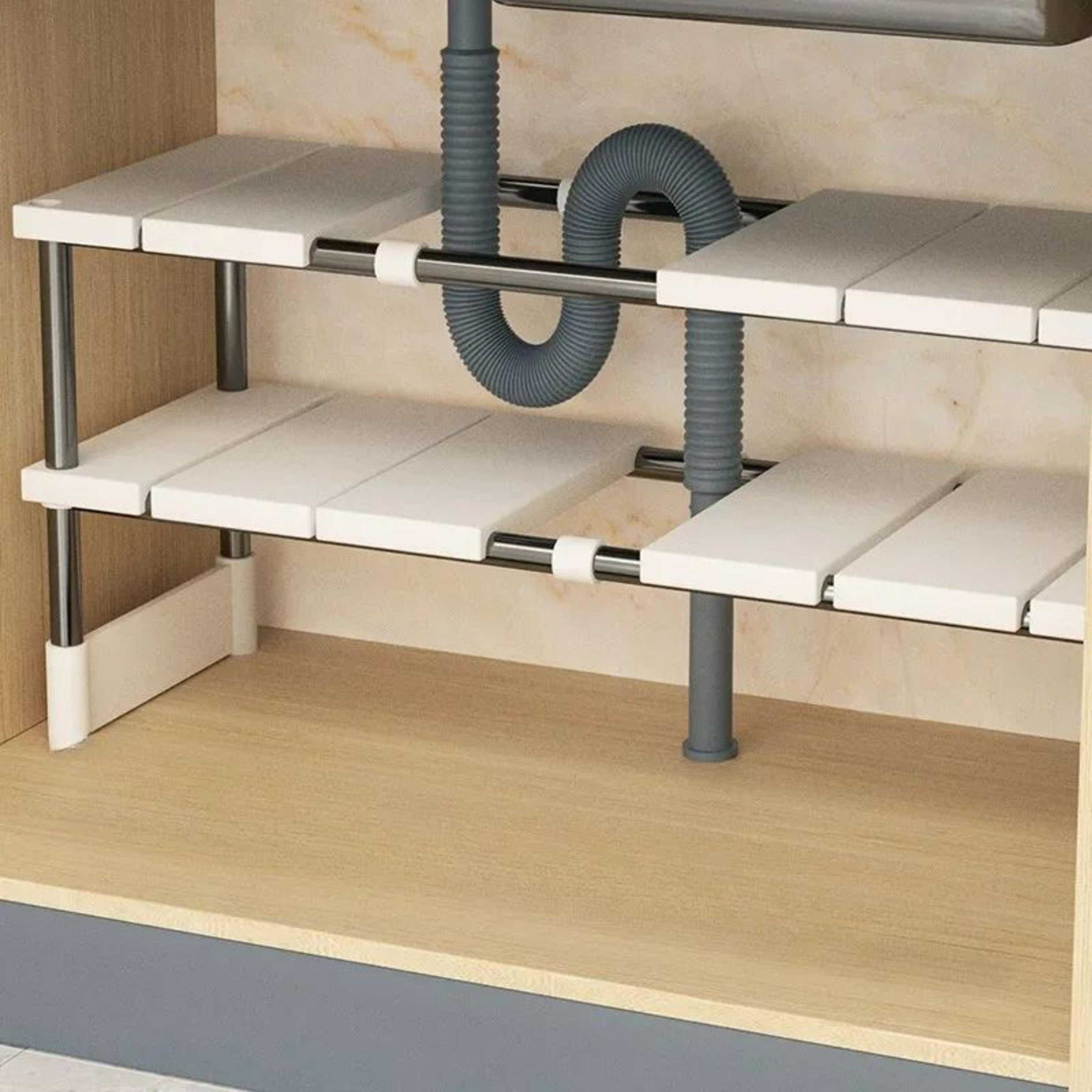 stainless steel expandable under sink storage rack – 2-tier adjustable kitchen & bathroom organizer shelf