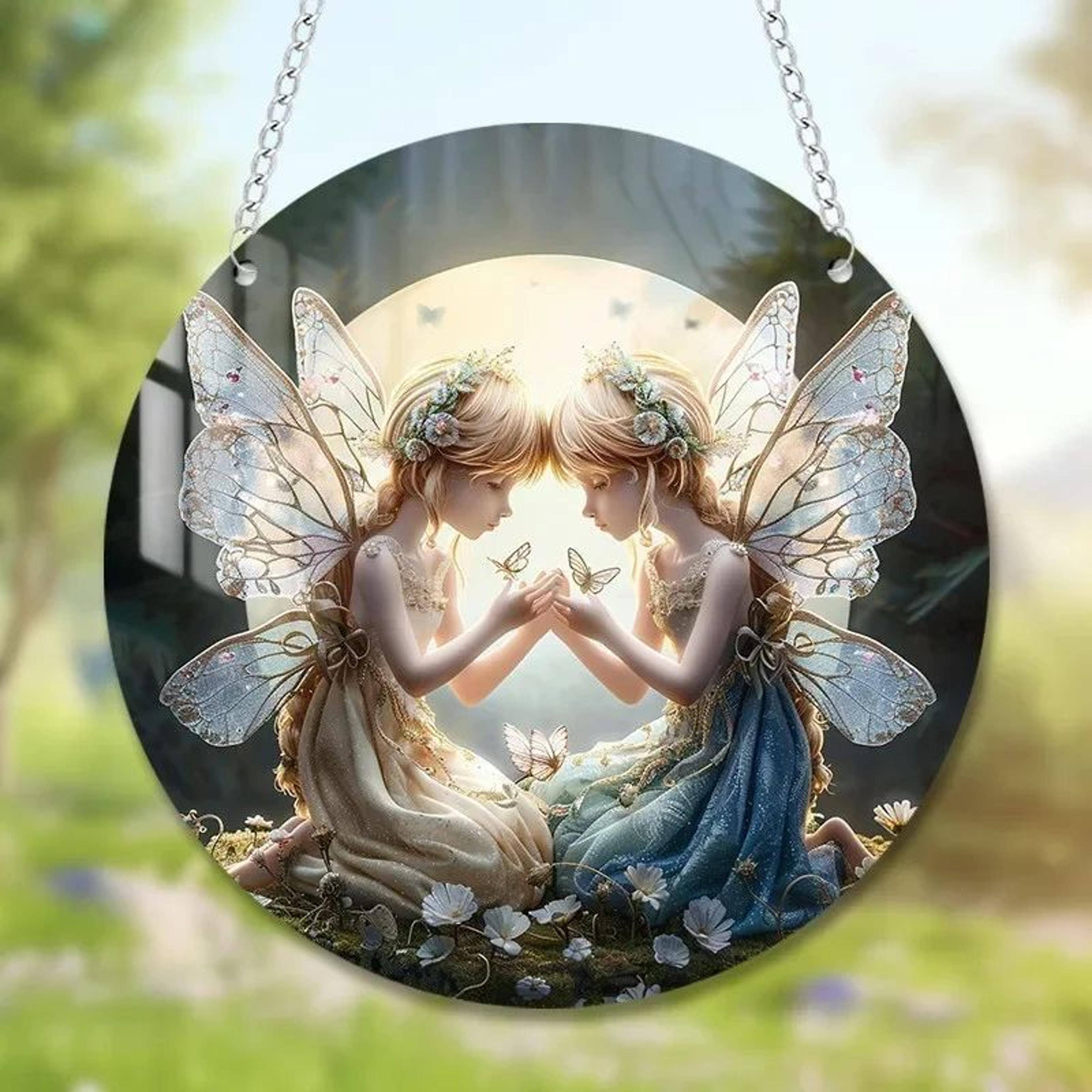 magical fairy magic night suncatcher, stained glass acrylic heart wall hanging for indoor outdoor home garden fantasy