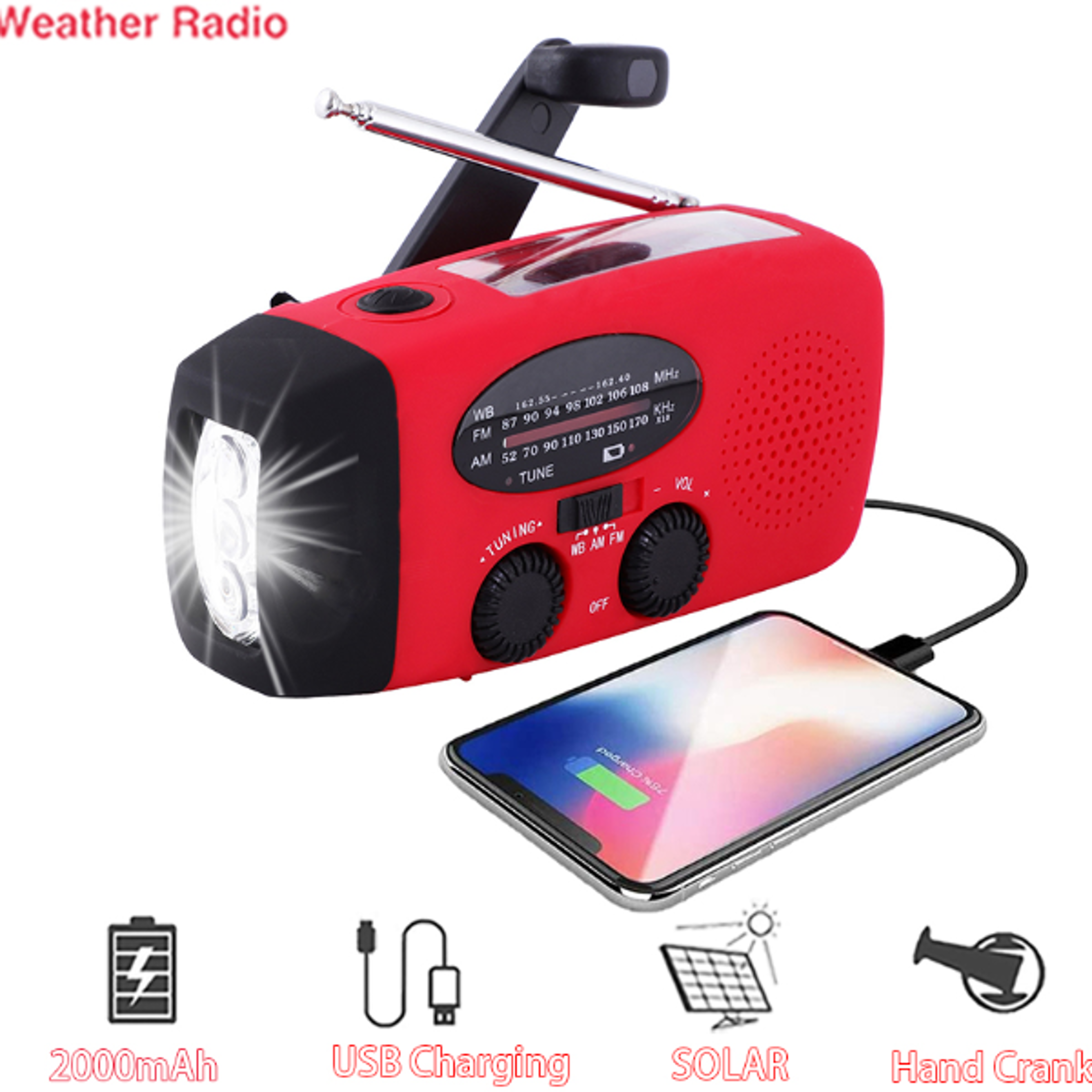 high capacity rechargeable emergency light solar & hand crank powered outdoor flashlight for camping & survival