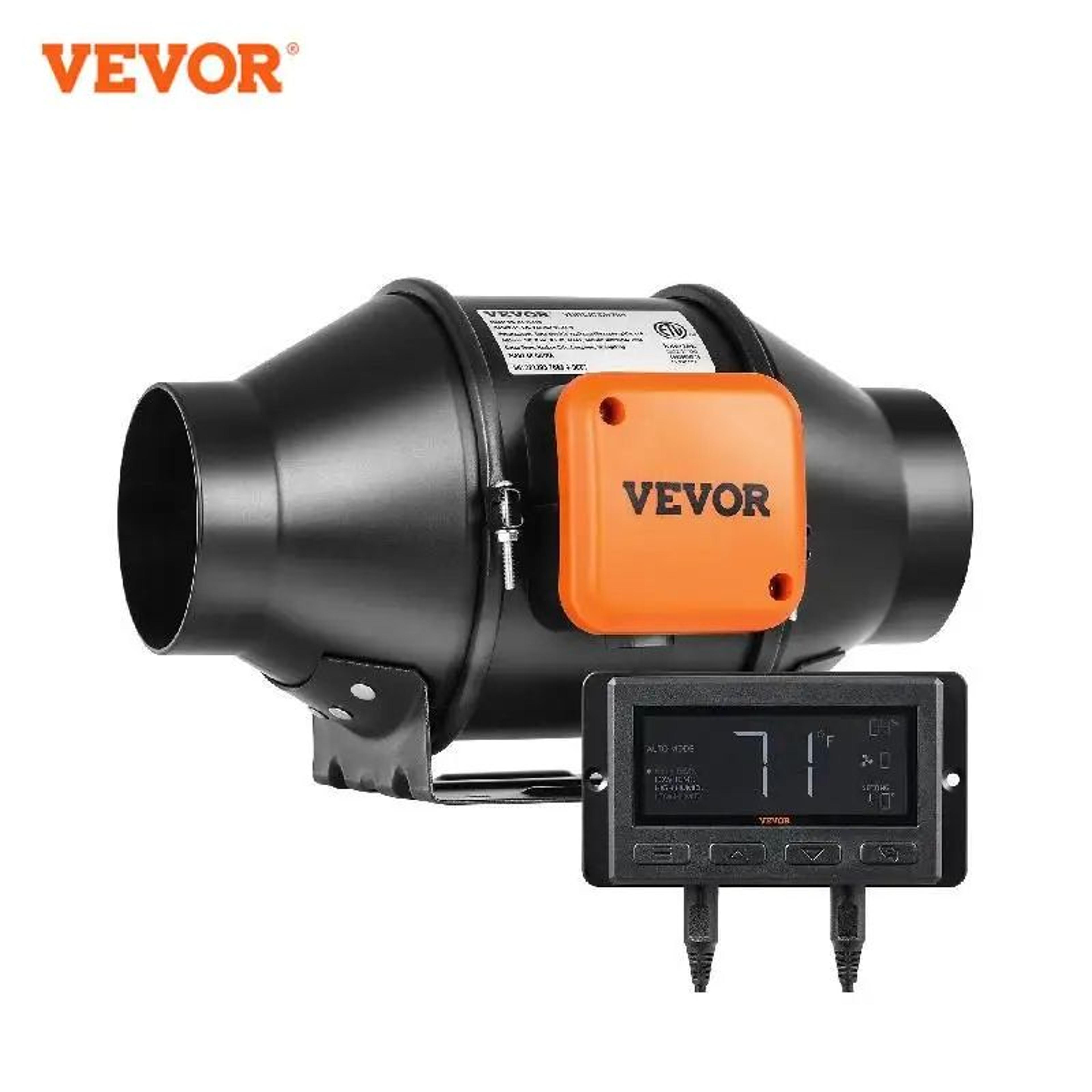 vevor inline duct fan quiet ec-motor ventilation exhaust fan with temperature humidity controller, cooling booster