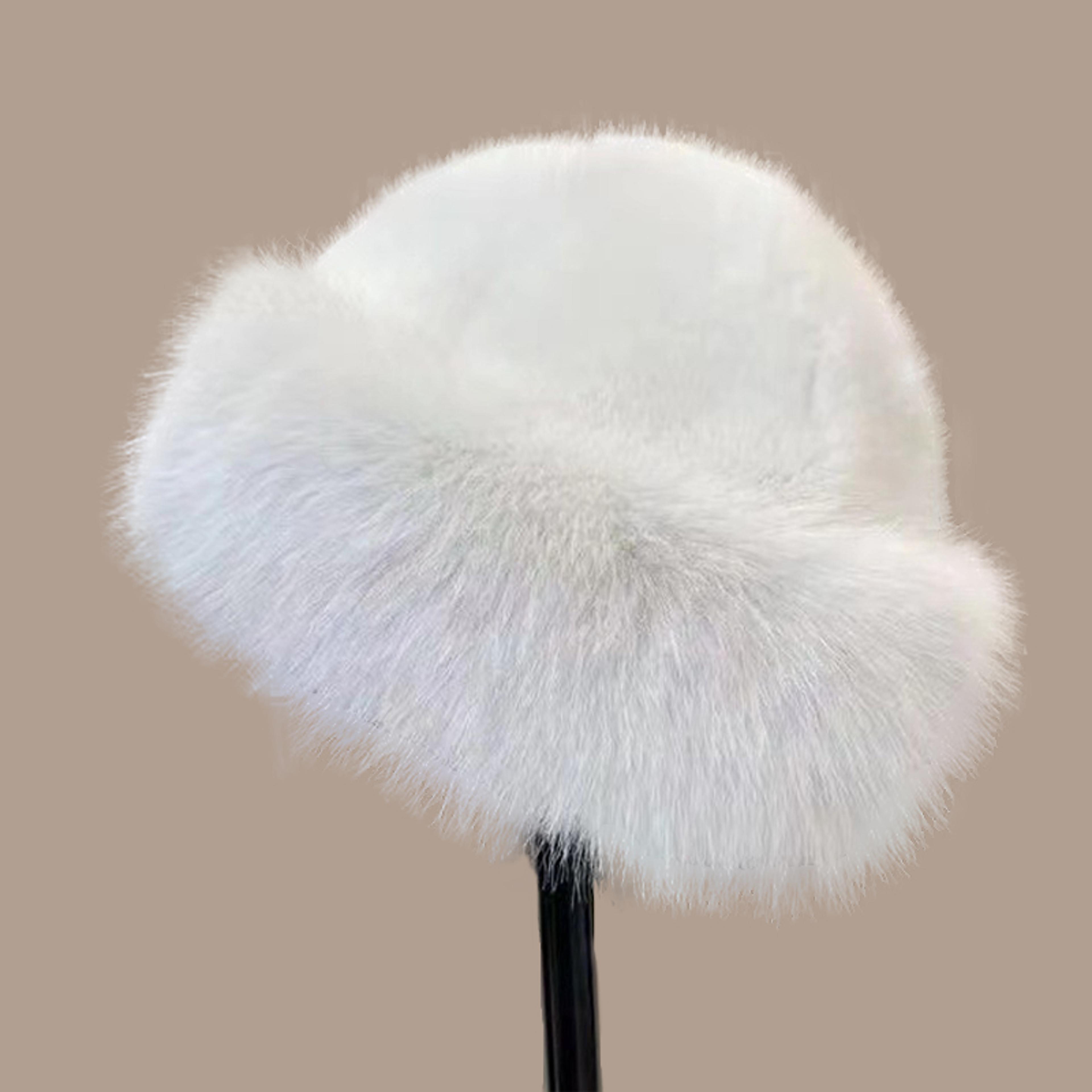 Winter Thick Warm Furry Beanies Hat For Women Imitation Mink Fur Russian Cap Solid Color Plush Brim 6