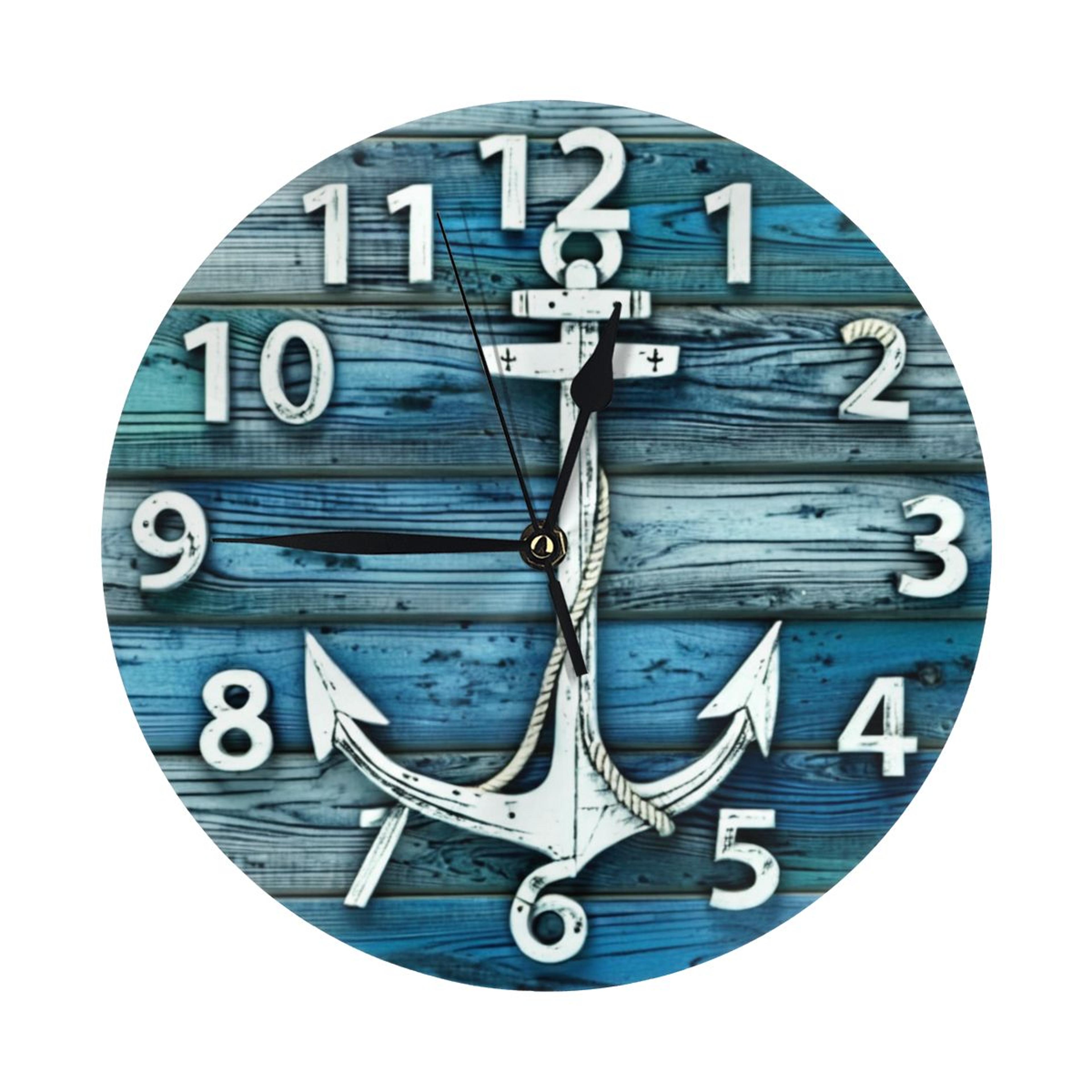 decorative nautical anchor beach wall clock, navy blue bathroom decor, battery operated vintage wall clocks