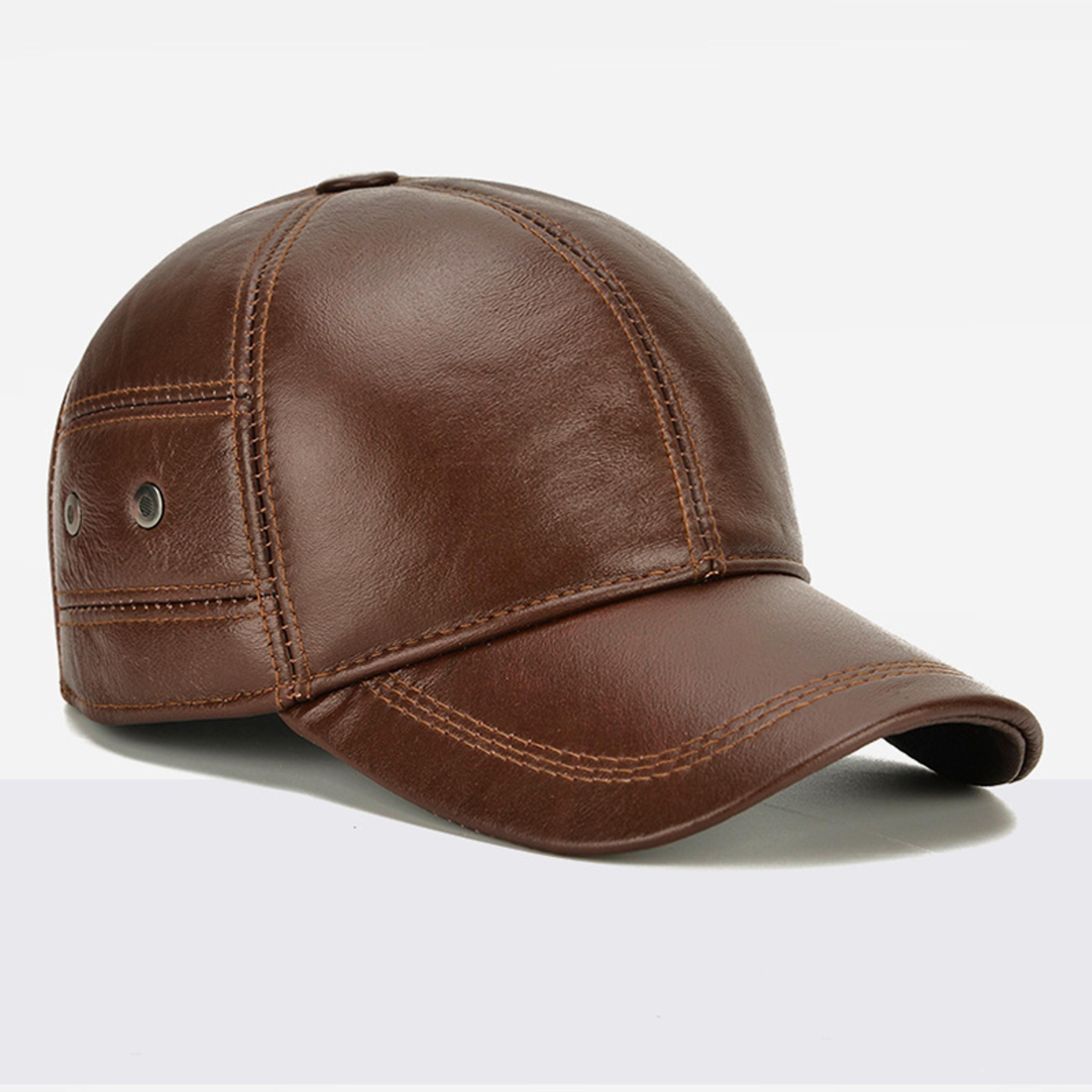 Men Real Cowhide Leather Cap Winter Warm Outdoor Ear Protection Adjustable New Style Baseball Hat 2