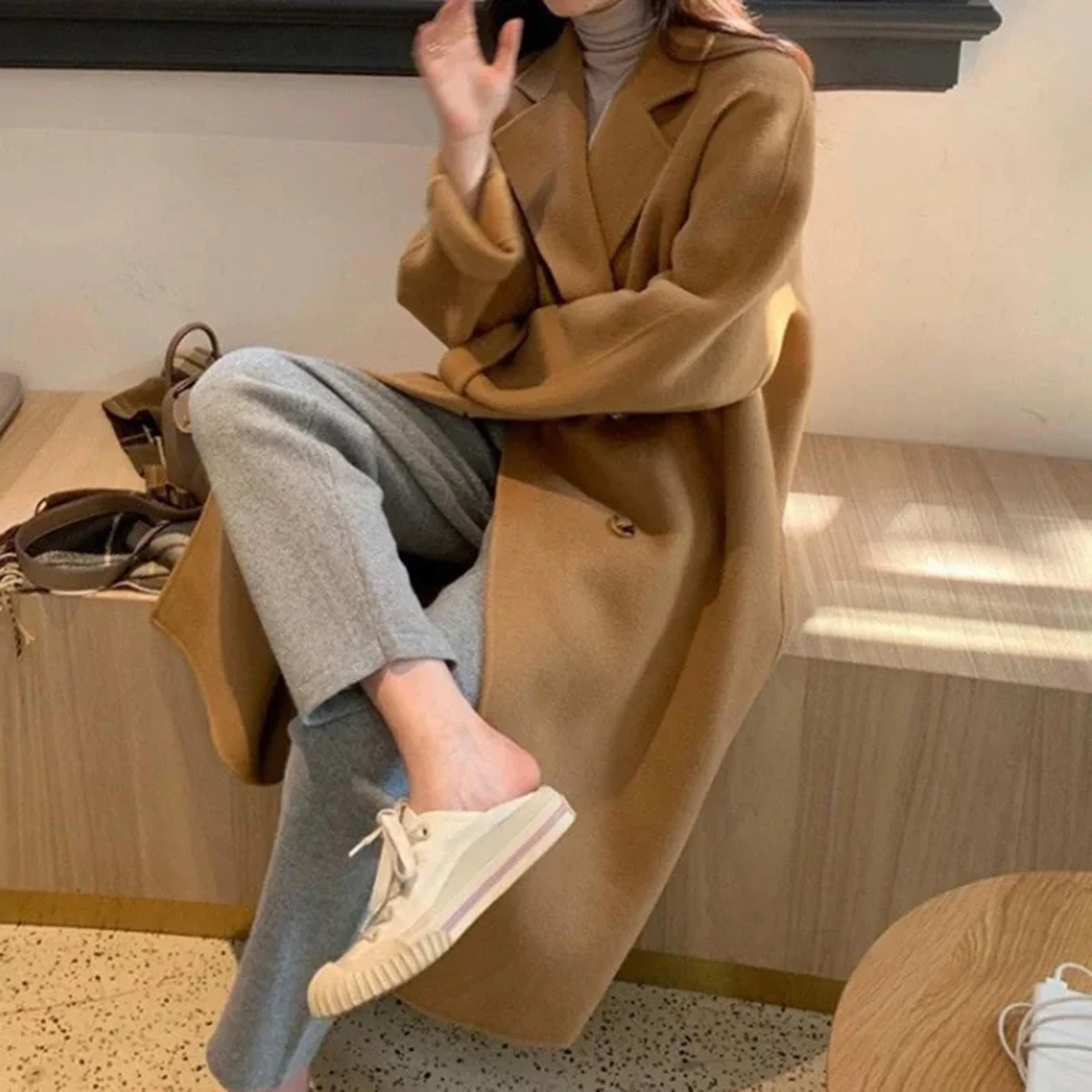 Autumn Winter Women Woolen Coat Elegant Purple Apricot MidLong Jacket Sweet Lady Chic Style Thermal 8